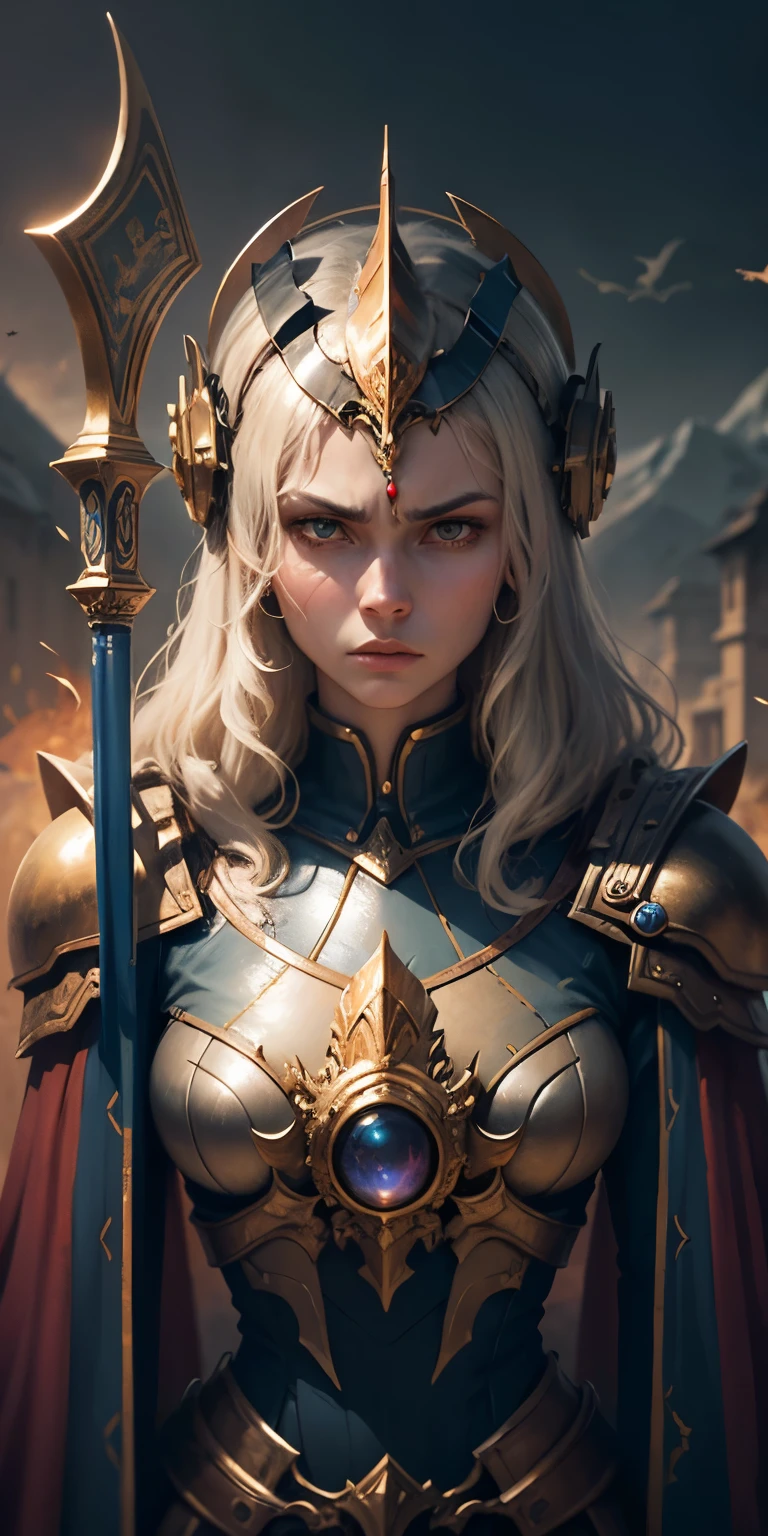 Beautiful extremely tall female pretorianesque castle guard stands watch, holding grasping with gauntleted hand a long sharped hal blade, clad in alien mechanically complex foreign armor, helmet with long grebes of red blue and gold, armor of gold silver pearl and onyx, alien desert planet mountainous background, high elegant castle walls and gate, a guard at the gate, anger, determination, pained, stands stoically, oil painting art style, oil paint brush strokes, 64k resolution, hyperdetailed, classical science fiction in the style of James Chambers,