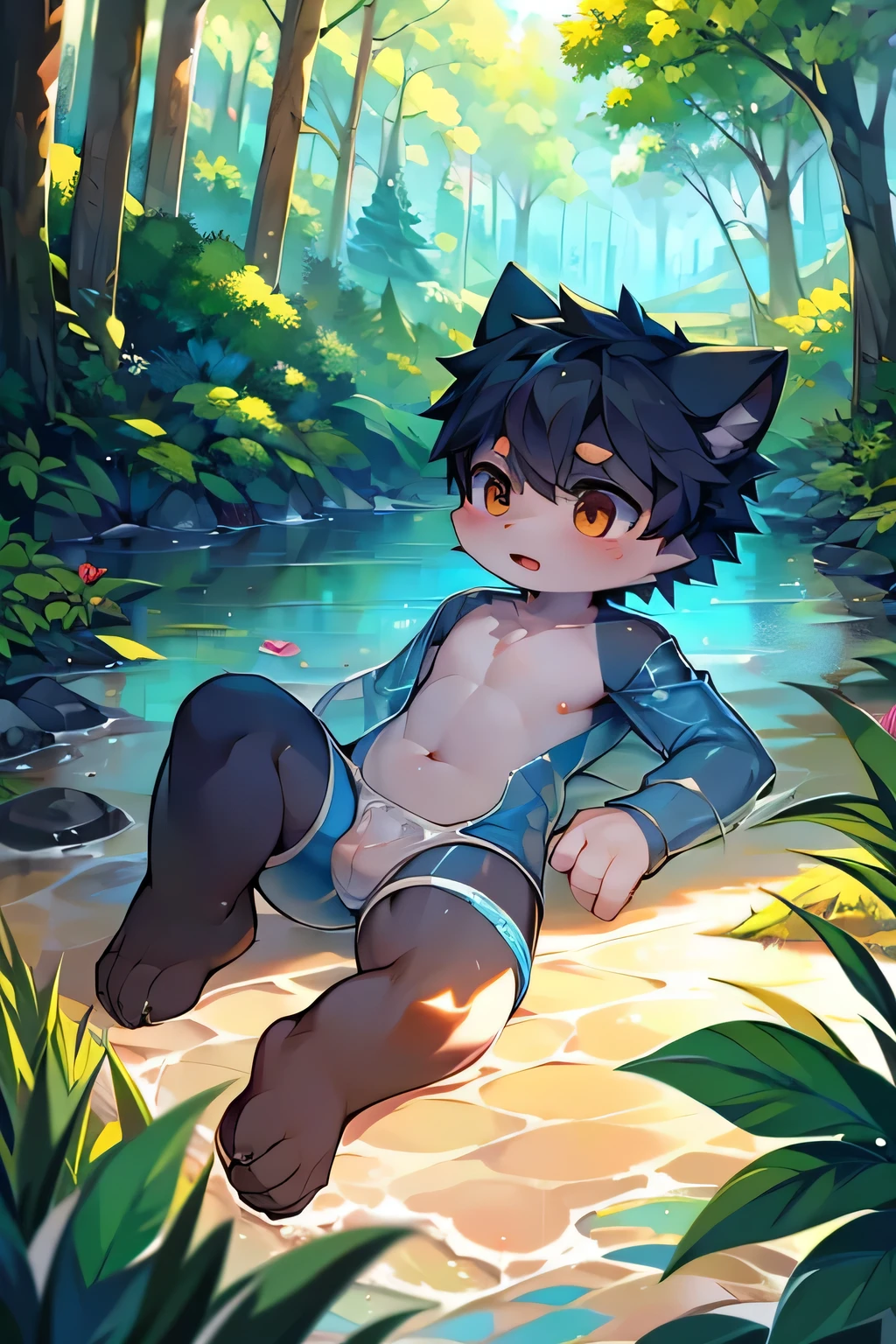 anger,Shota,swim,(best quality),(masterpiece),Wear only transparent thongs,no shirt,No coat,lying in water