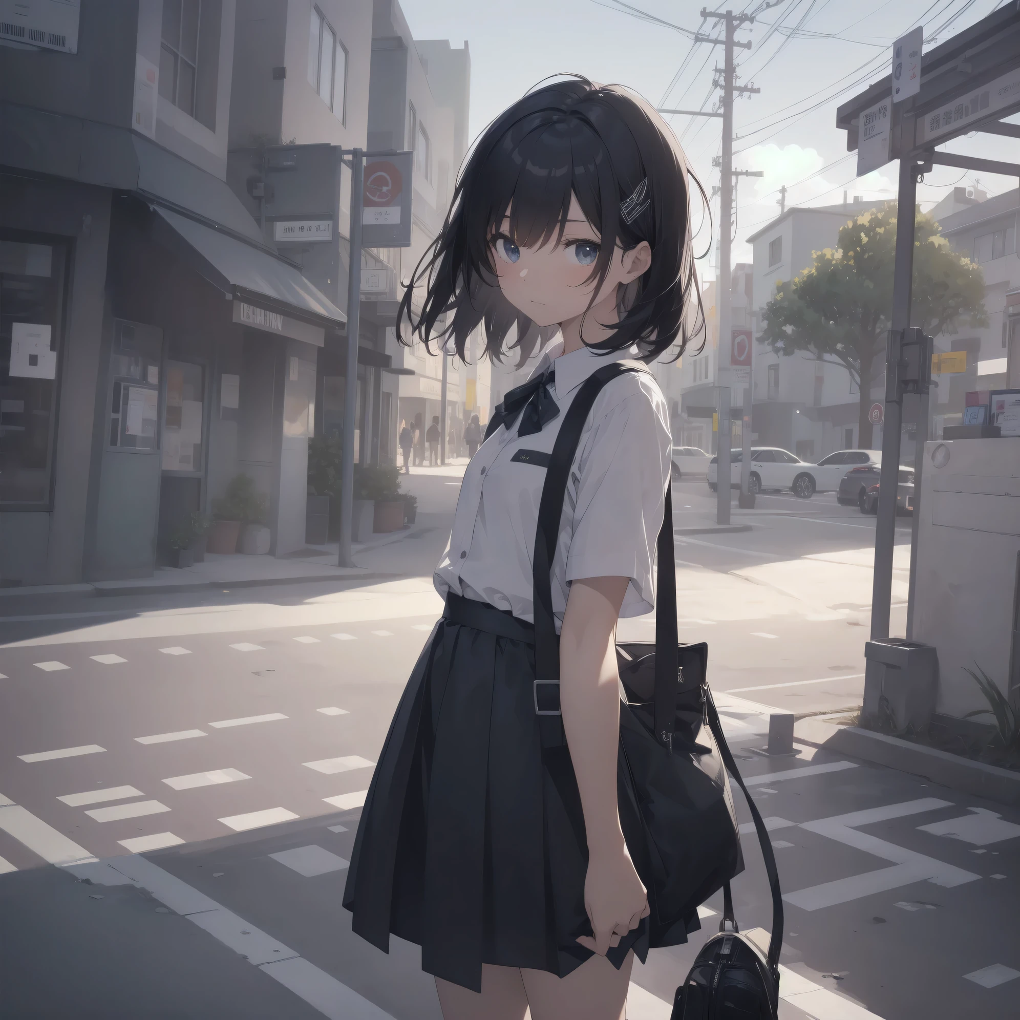 Super absurd quality by the god of art, super detailed, High resolution, anime moe art style, Best Anime 8K Kona-chan Wallpaper, pixiv contest winner, perfect anatomy, break,(眠そうにalone学校へ行く女の子を描いてください. )break,1 girl, (alone,little woman, baby face, 13 years old:1.3),All limbs, full finger,, The charm of an immature body, (very short hair), bangs, flat chest, Small Bodysuits, small ass, between legs, small black eyes, detailed and beautiful eyes, Well-proportioned iris and pupils, expressive eyes, sleepy eyes, High resolutionの詳細な髪, ribbon, neck ribbon, skirt, collared shirt,  pleated skirt, school uniform, school bag,(detailed lighting), (detailed background), On the way to school. break,super dense skin, The best everyday lighting by famous artists, 8k,cute illustration,photoshop_(Moderate),Absurd Hi-Res,Hmm,rough skin