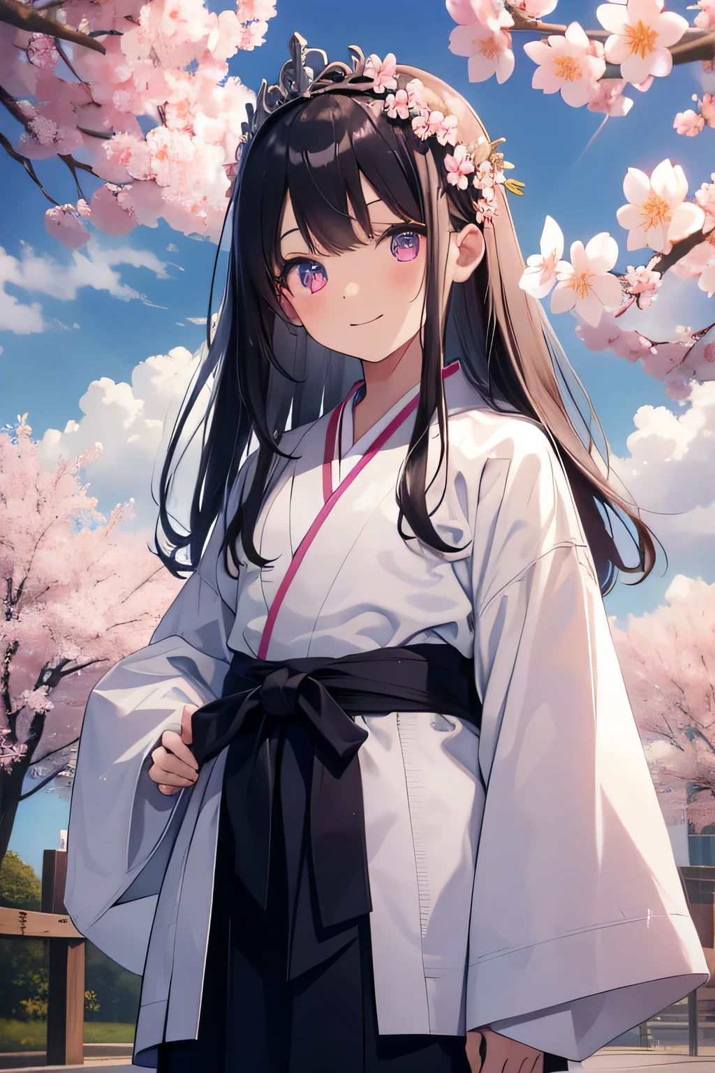 highest quality、best image quality、beautiful eyes、very delicate and beautiful、beautiful eyes、pink eyes、I、I、 girl、Japanese、、Chiquita、Noble、primary sch、barefoot、(((judo)))、tiara on head、dull smile、standing and facing forward、The background is a row of cherry blossom trees