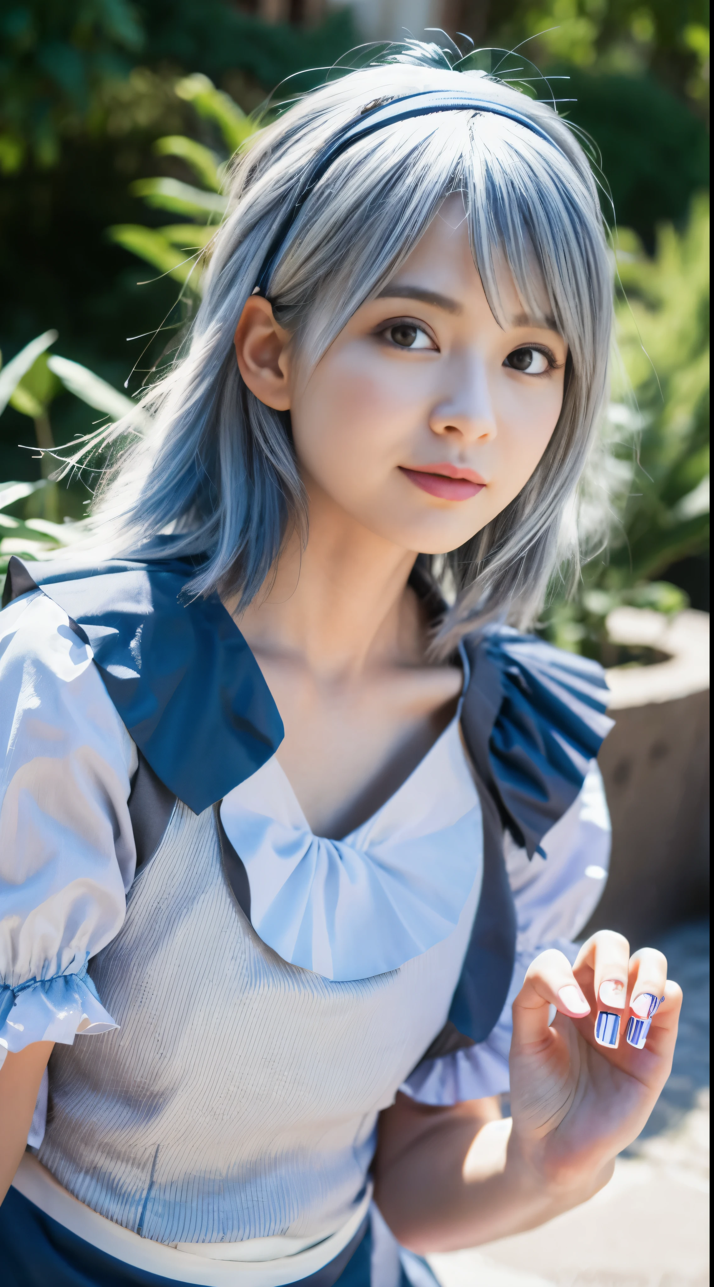 ((16 Nights Sakiya)), ((Touhou Project)), Cosplay, 20-year-old woman, (((gray hair)), ((medium spiky hair)), ((blue maid outfit)), ((white blouse)), midchest, (light)))), (pose))), (photorealistic photo: 1.3), rim lighting, (high detail skin:1.2), 8K UHD, dslr, high quality, high resolution, 4K, 8K, Bokeh, Absurdity, Best ratio four fingers and one thumb, (Real:1.3), Cutest 1 Girl, Lots of Knives