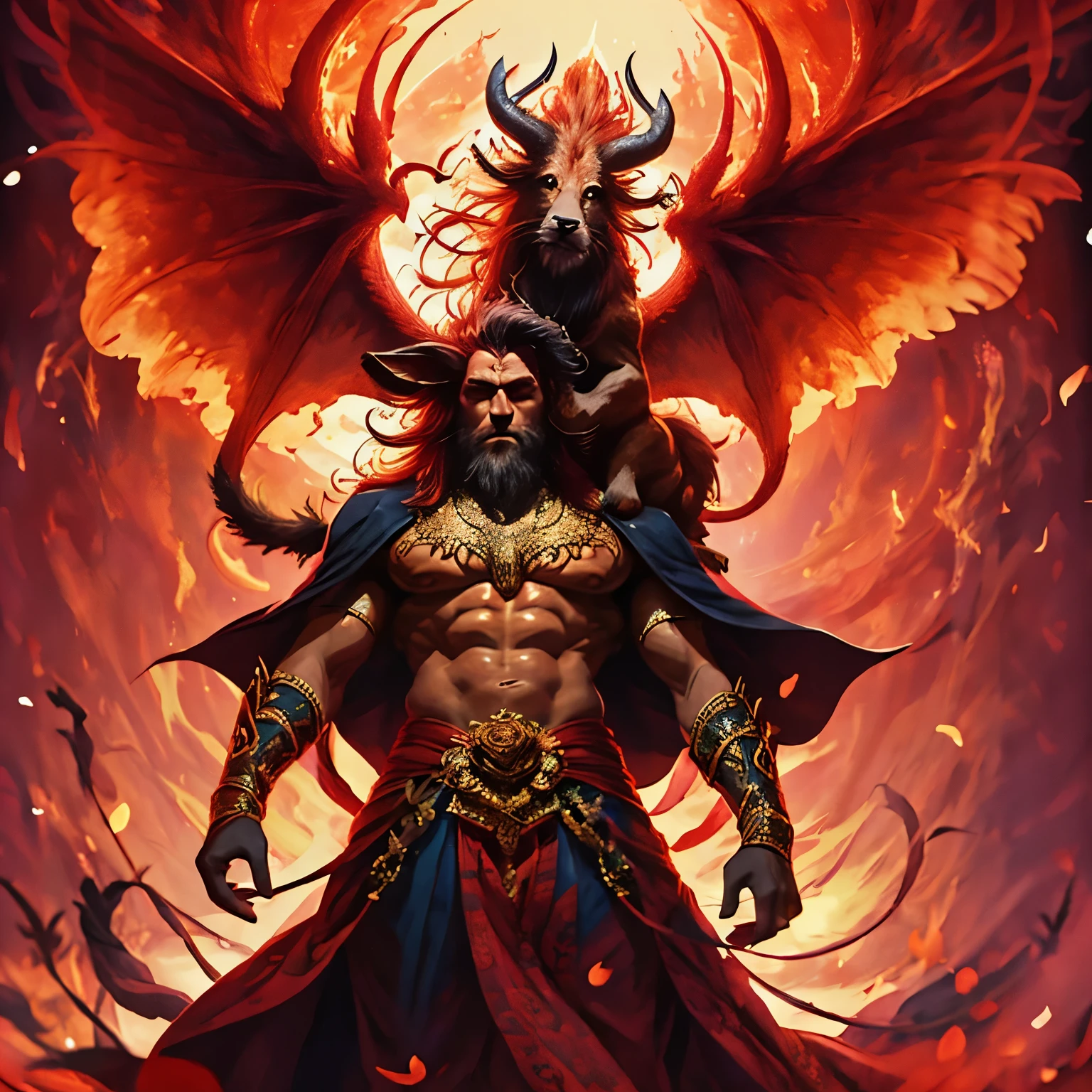 (Obra maestra, Mejor calidad:1.2), diablo de fuego. Hombre diabolico con cuernos de carnero, black cuernos, cabello ondulado, fondo medieval, ojos naranjas, pair of black cuernos, un hombre, cuernos observando directamente la camara con ojos de odio