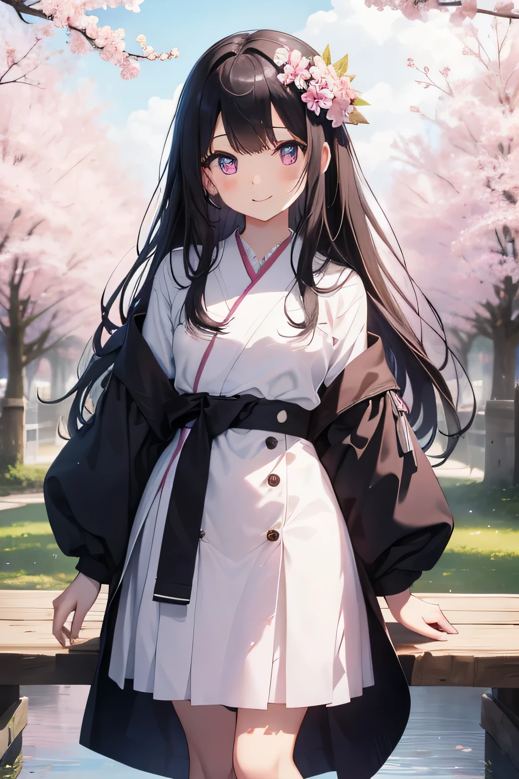 highest quality、best image quality、beautiful eyes、very delicate and beautiful、beautiful eyes、pink eyes、I、I、11 year old girl、Japanese、、Chiquita、Noble、primary school student、black hair、barefoot、(((judo)))、tiara on head、dull smile、standing and facing forward、The background is a row of cherry blossom trees