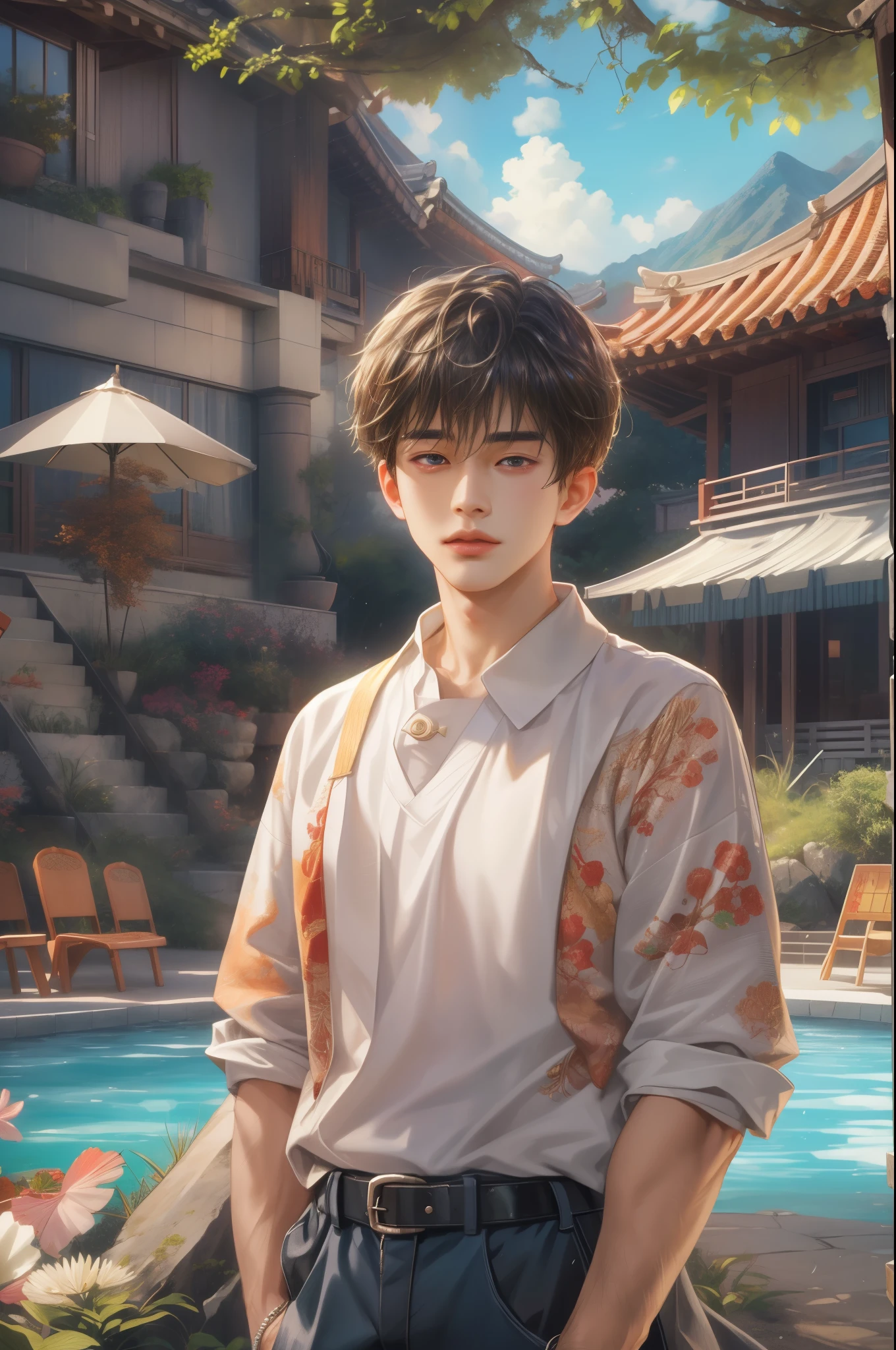 (absurdres, highres, ultra detailed, HDR), masterpiece, best quality, Netflix series Singles Inferno character, handsome young boy, short hair, korean handsome face, anime eyes, detailed scenery of a private resort, detailed character