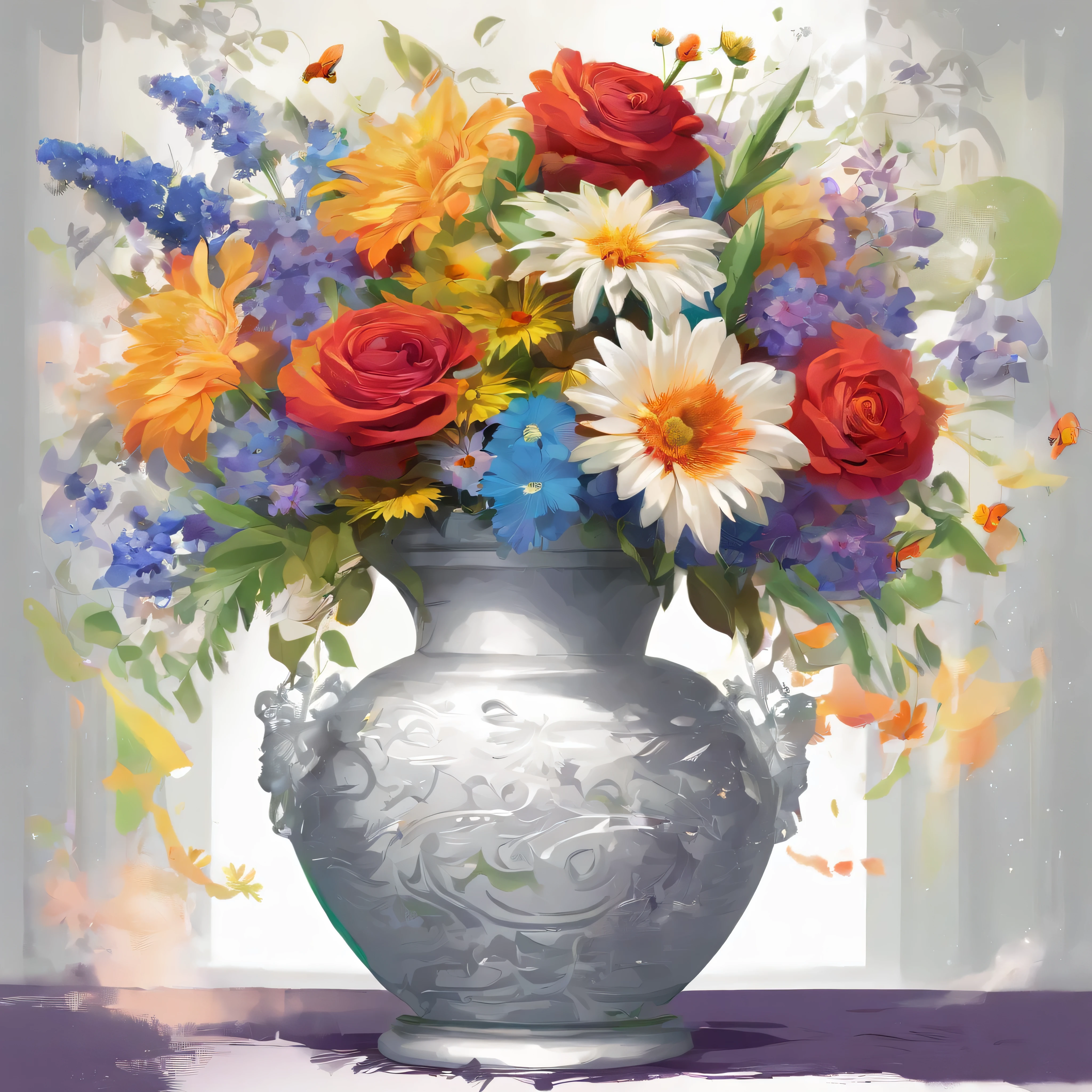 A stunning tall white vase stands proudly, adorned with a vibrant bouquet of Red Roses, Yellow Daisies, White Lilies, Pink Carnations, Blue Forget-Me-Nots, Orange Gerbera Daisies, Purple Hyacinths, Green Ferns, Black Tulips, and Silver Statices. The delicate petals and lush greenery create a beautiful contrast against the clean lines of the vase, making for a visually striking image.