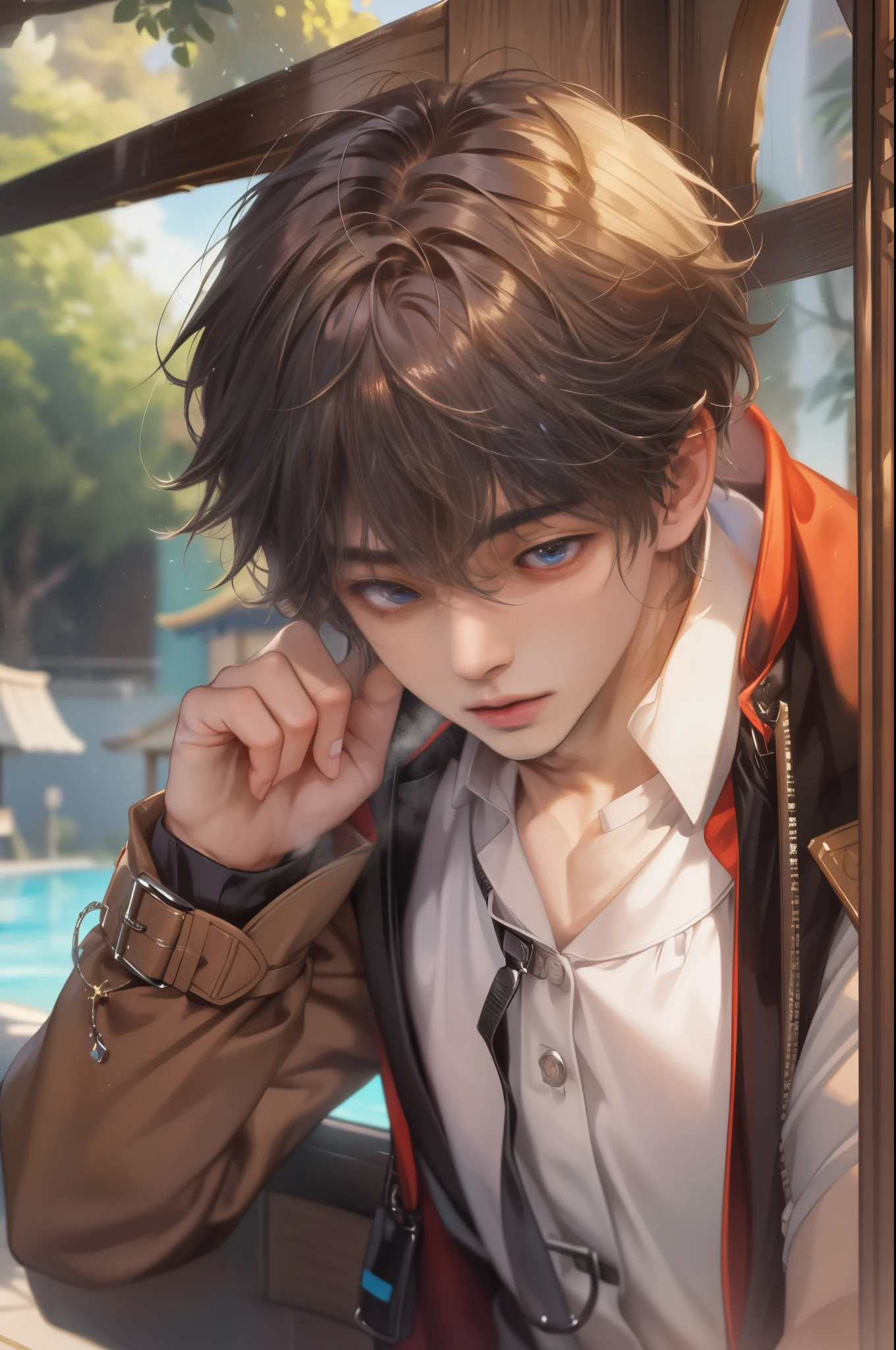 (absurdres, highres, ultra detailed, HDR), masterpiece, best quality, Netflix series Singles Inferno character, handsome young boy, short hair, korean handsome face, anime eyes, detailed scenery of a private resort, detailed character