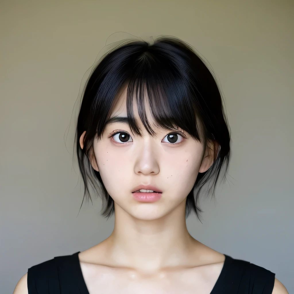 1 Japanese female, one-shot, Big eyes, big black eyes, double, shortcut, Emphasis on the clavicle, black hair, no makeup, young white skin, broad shoulders, 