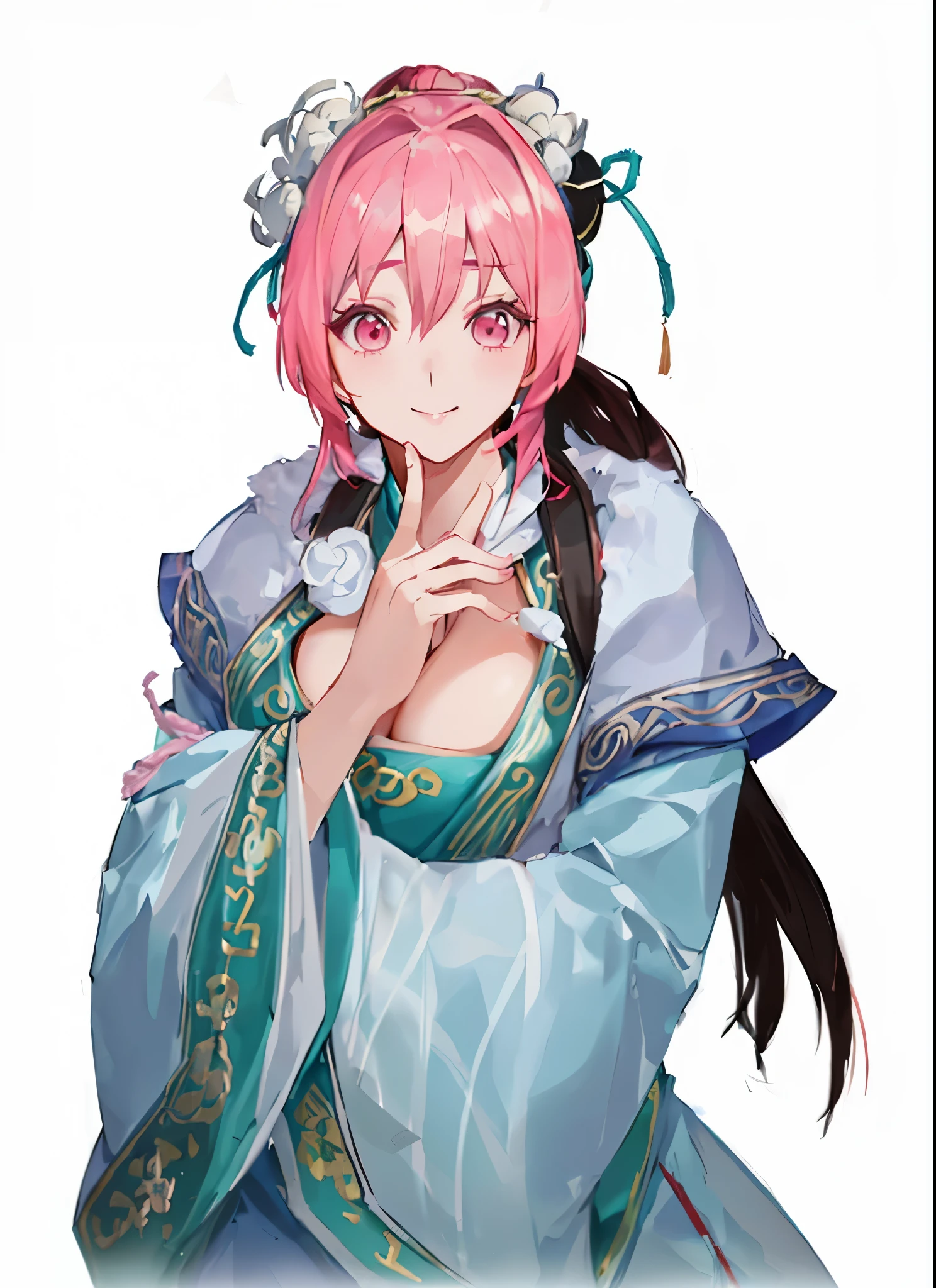 Anime character with pink hair and red chinese hanfu, Popular topics on artstation pixiv, zero art, Produced by Anime Painter Studio, guweiz style artwork, Beautiful anime portrait, Detailed anime character art, Clean and detailed anime art,Three Kingdoms style,Three Kingdoms Unparalleled Style,Smile,Dressed in ancient Chinese costumes,ponytail,Behind the ancient town in the snowy mountains,Sonison,Open-chest outfit,Topless top,open chest,big ,Good shape,extremely delicate and beautiful, Amazing cleavage, Detailed pubic hair, (8K Ultra HD, masterpiece, best quality, high quality, Huang Li, Super detailed,Detailed background,