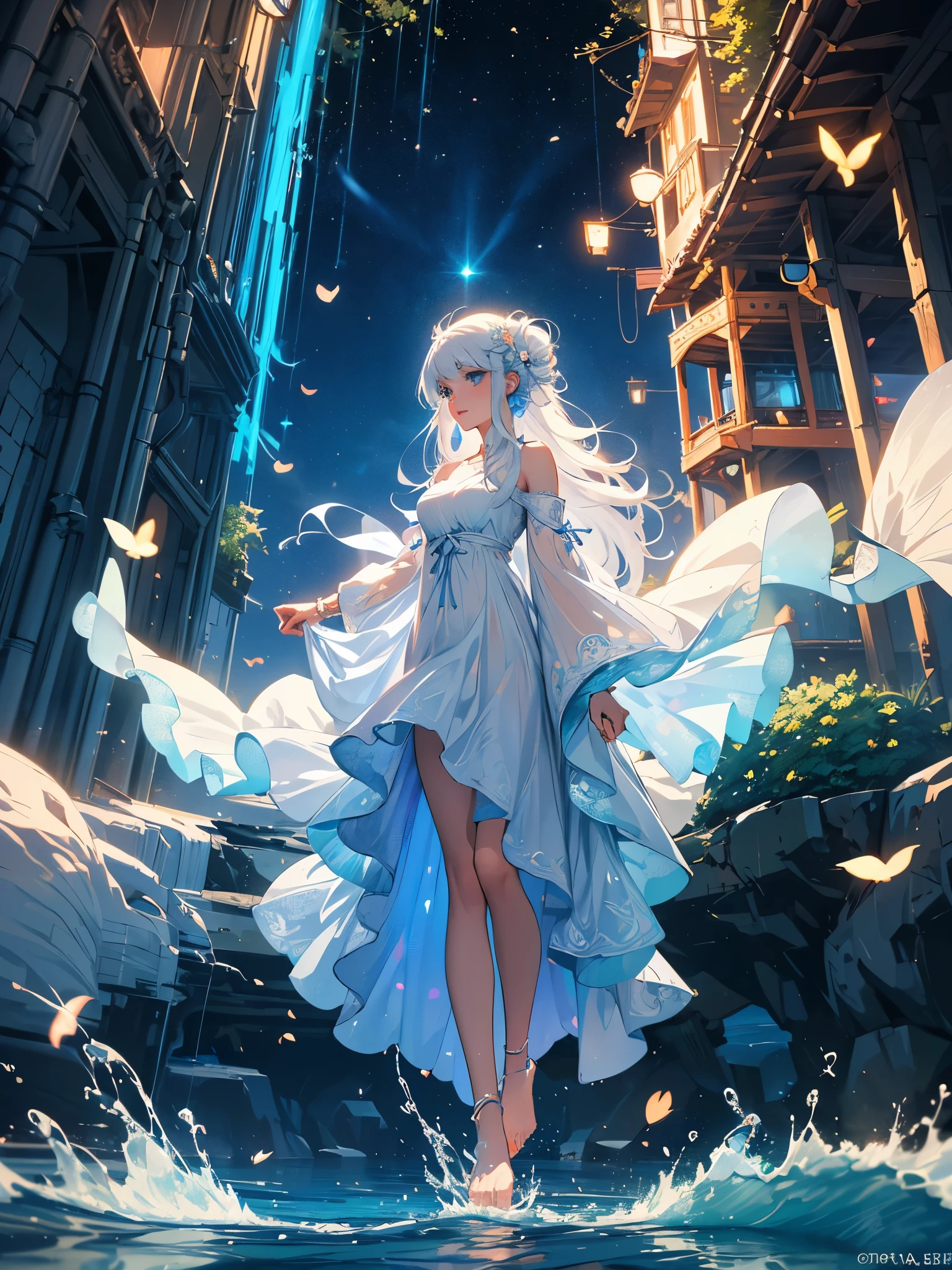 a girl, the most beautiful woman in the world, sitting in profile, white hair, long sideburns, white hair, blue eyes, (((bare feet in the water, wearing a light white dress with moving bands, where her hand touches a fairy) )), depth of a magical forest with neon flowers and fireflies, colorful flowers and leaves, {extremely detailed 16k CG unit wallpaper}, expansive landscape photography, (a view from below with focus on character and setting ), (wide open field view), (low angle shot), (high light: 1.2), (low light: 1.7), (warm light source: 1.2), complex details, (iridescent colors: 1.5), (bright lighting), (atmospheric lighting)