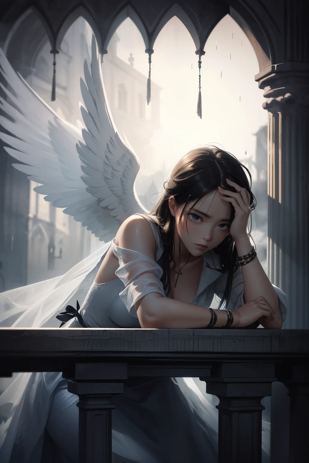 A full-body portrait of a girl wearing a white cloak, surrounded by an atmosphere of solitude, darkness, and oppression. The girl's expression is somber as she stands amidst the gloom, her face partially obscured in shadow. Her white cloak is stained with blood and dirt, reflecting the struggles she has faced. Her hair is disheveled and messy, adding to the overall disarray and turmoil. The composition showcases her profile, revealing a glimpse of her determination and resilience. Behind her, a pair of tattered wings symbolize her desire to break free from her constraints, despite the broken sword she holds, a testament to past battles fought. The overall scene captures a sense of melancholy, depicting the girl's internal struggles and the weight she carries. Executed in a bold and expressive style, with dynamic brushstrokes and a subdued color palette that emphasizes the darkness and heaviness of the atmosphere.