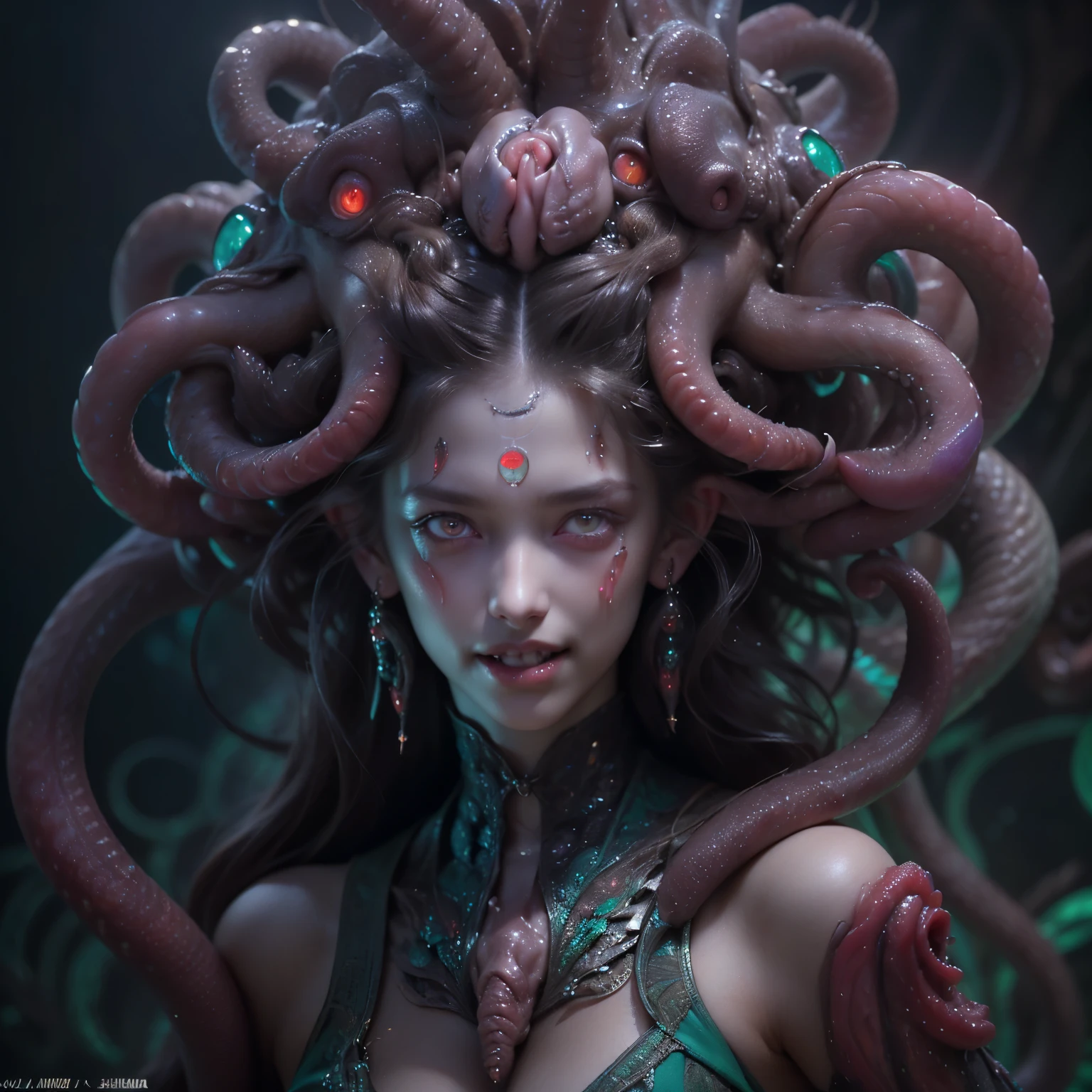 (Portrait of a beautiful yet frightening medusa:1.4), ((There is a female genital-like organ in the middle of the forehead.:1.8)), (realistic face:1.2), Super realistic clear skin, (Number of award-winning masterpieces々, incredibly detailed, Texture and maximum detail), midnight aura, unreal engine 5, super sharp focus, midnight aura, unreal engine 5, super sharp focus, (art by Amano Yoshitaka:1.5), art germ, Reusch, intricate artwork, ultra realistic realism, High resolution, High freshness, draw faithfully, official art, Unity 8K 壁紙, Super detailed artistic photography, dream-like, fantasy creation, dream snail, (biopunk nautilus:1.3),thrilling color scheme, amazing mutation, well-proportioned body, goddess of the deep sea, fractal, Geometric pattern, impossible number of transparent white tentacles with luminescent organs:1.4), Subtle emerald green accents, (smiling seductively:1.3),(she has the most beautiful face in the history of the universe:1.5), (She looks down at the viewer with glowing red eyes without pupils:1.3), an evil gaze that seduces, cinematic lighting, (no makeup:1.3), (From the gap between her cute lips, long canine teeth peek out like a vampire:1.5), in the palace hall, A sweet sigh leaks from your beautiful lips, ecstatic expression, She has countless hair-like translucent tentacles on her head.。