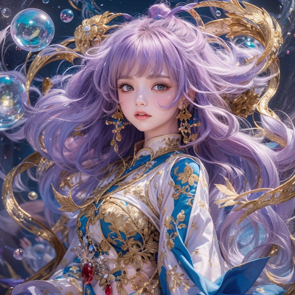 浅蓝 blue colors，enamel，红agates，A flesh-colored world，Blood Blue Maiden 32k（masterpiece，HD，Aoyama Pond，Ultra high quality，32k）Elegant and bright red and blue long hair，blood pool，Ziddink， a color，Grumpy （After greeting）， （Linen scarf）， fighting stance， looking at the ground， long white hair， Floating bright blue， Fire cloud gold headdress， Chinese long-sleeved gold silk burgundy garment， （Abstract metaverse splash：1.2）， White background，Peony flower vitality protector（realistically：1.4），bright purple hair，Smoke on the road，The background is very pure， high resolution， detail， RAW photos， Sharp Re， Nikon D850 film photo by Jefferies Lee 4 Kodak Portra 400 camera F1.6 guns, colorful, Ultra-realistic and vivid textures, dramatic lighting, Unreal Engine Art Station Trend, Sinest 800，A girl with long flowing bright blue hair，huge colorful bubbles