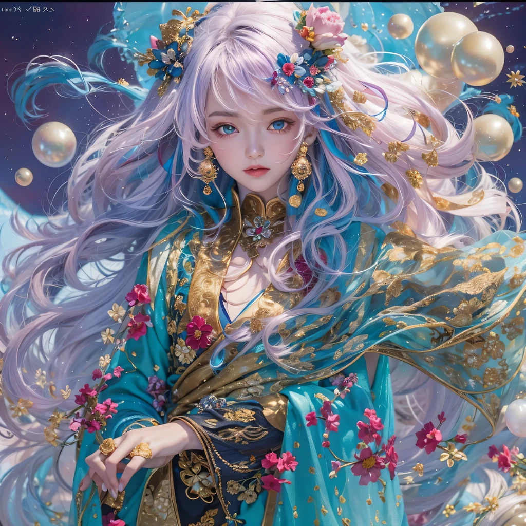 浅蓝 blue colors，enamel，红agates，A flesh-colored world，Blood Blue Maiden 32k（masterpiece，HD，Aoyama Pond，Ultra high quality，32k）Elegant and bright red and blue long hair，blood pool，Ziddink， a color，Grumpy （After greeting）， （Linen scarf）， fighting stance， looking at the ground， long white hair， Floating bright blue， Fire cloud gold headdress， Chinese long-sleeved gold silk burgundy garment， （Abstract metaverse splash：1.2）， White background，Peony flower vitality protector（realistically：1.4），bright purple hair，Smoke on the road，The background is very pure， high resolution， detail， RAW photos， Sharp Re， Nikon D850 film photo by Jefferies Lee 4 Kodak Portra 400 camera F1.6 guns, colorful, Ultra-realistic and vivid textures, dramatic lighting, Unreal Engine Art Station Trend, Sinest 800，A girl with long flowing bright blue hair，huge colorful bubbles