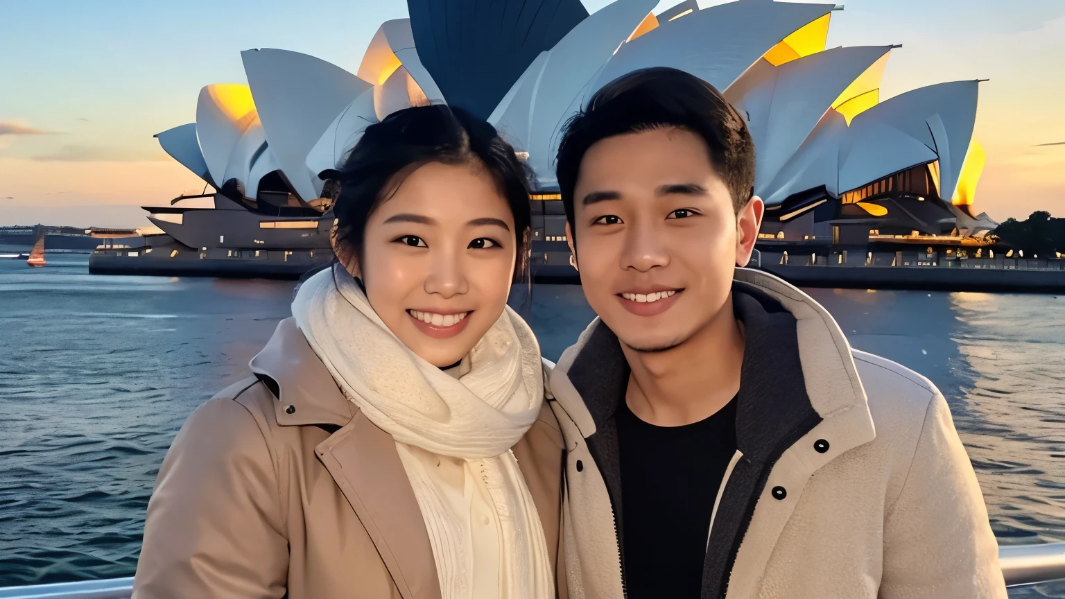 (8K, RAW Photos, Full body, Photography, Photorealistic, Realistic, Highest Quality, Intricate Detailedium shot of a 25 year old Indonesian man, fit body, ideal body, oval face, white skin, nature skin, medium hair, wearing a winter jacket, side by side with a 25 year old korean woman with white hijab, gray winter jacket, they smile facing the camera, eye to camera, eye level angle with opera house Sidney view in the background.