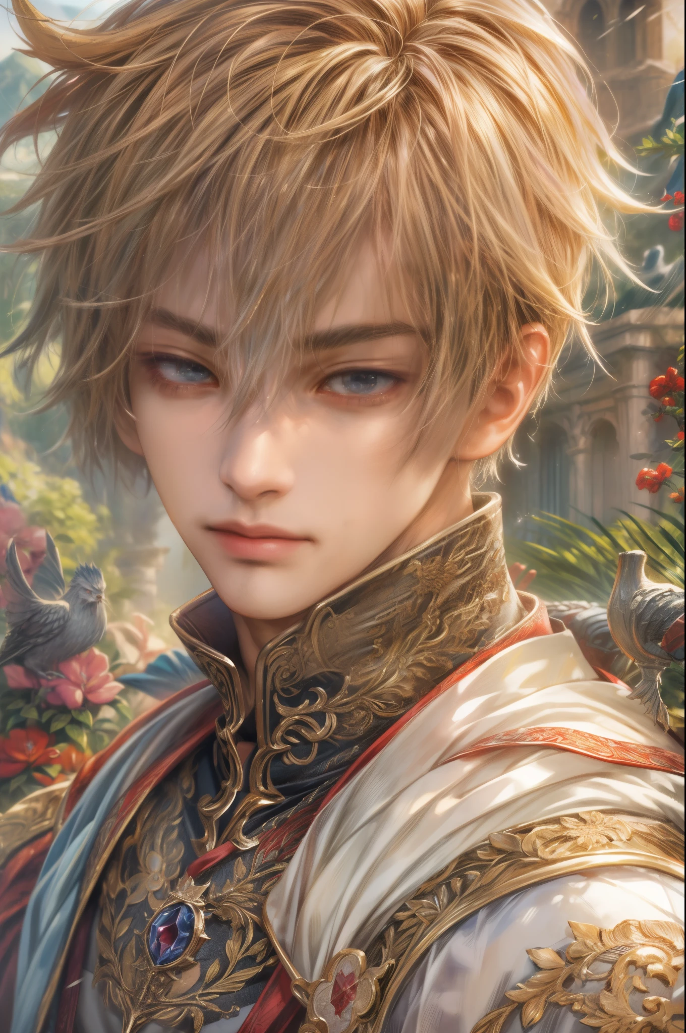 (absurdres, highres, ultra detailed, HDR), masterpiece, Intricate details,best quality picture of a character from Final Fantasy Brave, manly face handsome boy with short Hair anime eyes, intricate details on face, brave look, in a detailed outside paradise sanctuary scenery, detailed character, art kenouji