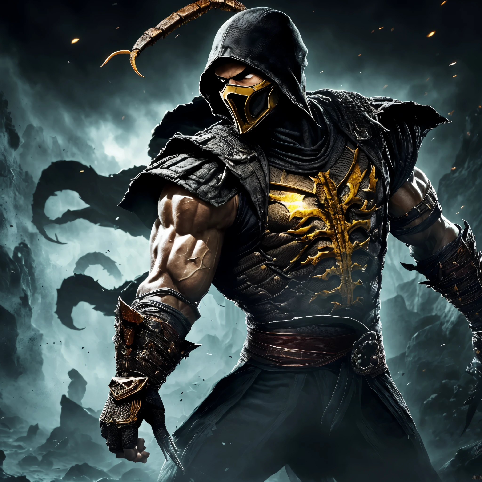 (papel de parede 8k extremamente detalhado), An average photo of Scorpion de Mortal Kombat MK1 necromancer, intrincado, alto detalhe, Dramatic