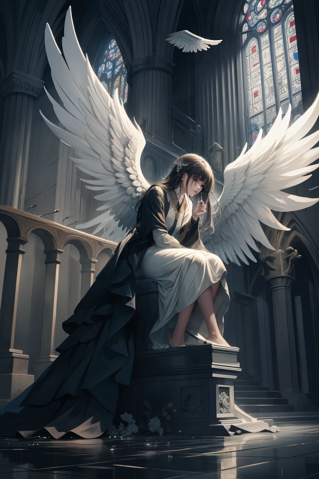 masterpiece, best quality, official art, angel perched in rainy environment, extreme details, bars of a church, arms low and loose, gaze of anger, shining eyes almost in shadow, little light filtering through, little touches of brilliance illuminating the scene, intricately detailed wings, raindrops cascading around, a moment of intensity, beautiful and aesthetic, realistic sculpture.