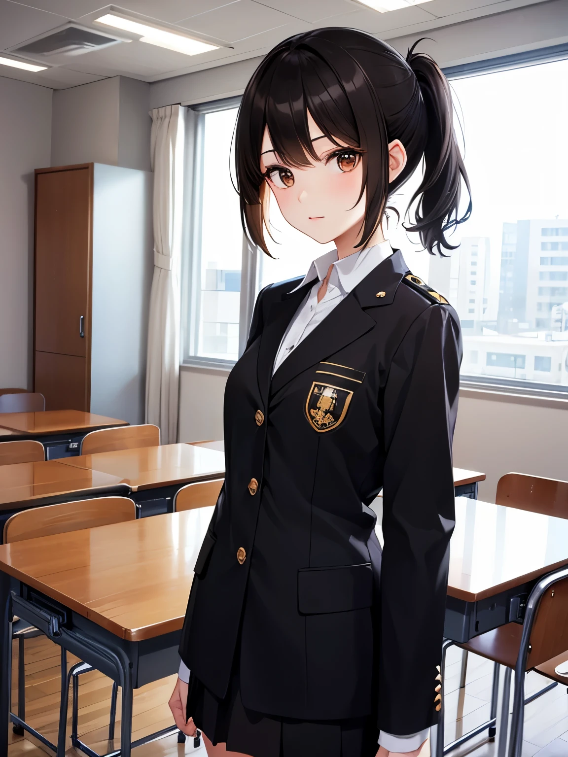 best quality、brown eyes、Slender、tall、8k、girl, highres,black hair、short hair、Forehead exposed、classroom、uniform、ponytail