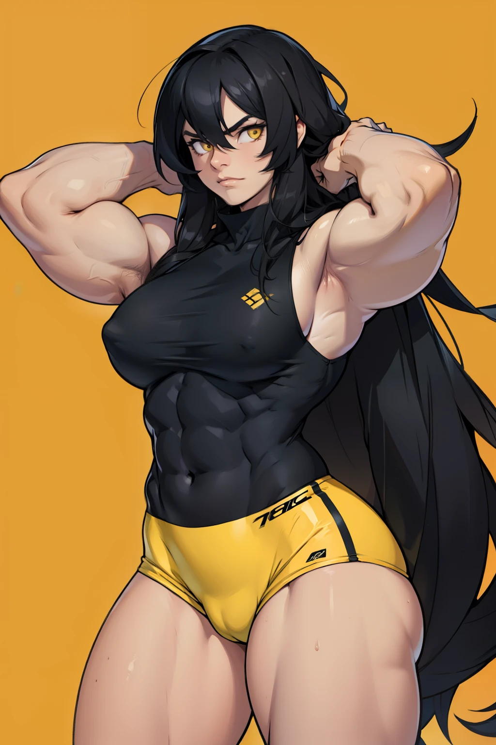 ((((girl)))) (((bulging muscles))) very long hair black hair yellow eyes pale skin upset
