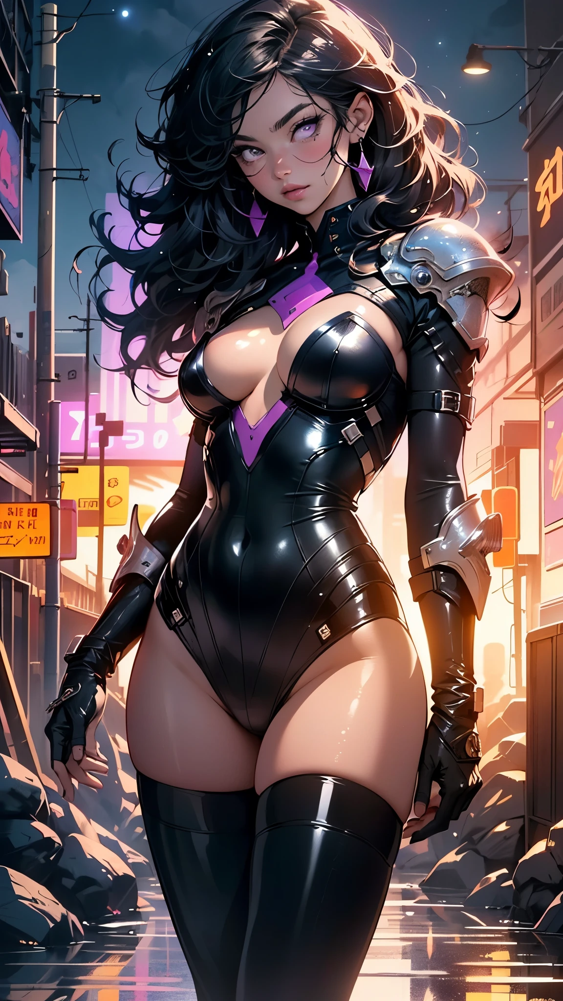 girl spacepunk,(1girl),((cute and beautiful black haired girl)),

(large breasts:1.4),saggy breasts,(((black wavy hair:1.35,absurdly long unkempt hair,messy hair,colored inner hair,ear breathing))),(((purple_eyes:1.3))),intricate eyes,beautiful detailed eyes,symmetrical eyes,((fat)),(((lustrous skin:1.5,bright skin: 1.5,skin tanned,shiny skin,very shiny skin,shiny body,plastic glitter skin,exaggerated shiny skin,illuminated skin,wet legs))),(spider lower abdomen,narrow waist,wide hip,athletic body,inflated legs, thick thighs,detailed body,(detailed face)),

cute,slutty,erotic,((nsfw)),

zettai ryouiki,revealing clothing,show skin,(wearing a mechanical space body armor:1.3,micro armor bikini,bare legs),with micro clothes,almost totally naked,with little clothing,tiny thong,generous neckline,(((wet clothes,intricate outfit,intricate clothes))),

dynamic pose:1.0,embarrassed,(centered,scale to fit dimensions,Rule of thirds),

cyberpunk city by the ocean at night, with bright neon signs and dark stormy clouds and puddles, scenery:1.25,nighttime, starry night, cosmos,Very dark night that makes the neon lights stand out, very bright neon lights,nighttime, starry night, cosmos,

masterpiece,(top-quality,8K,32K,​masterpiece),high resolution,(Photorealistic:1.4),ultra-detailed,(realistic,photorealistic,photo-realistic:1.37),professional, photo from the front, glitter, intricate, 8k, highly detailed, volumetric lighting, digital painting, intense, sharp, focus,character design concept art, ((soaking wet)), magnificent, high fantasy, portrait, perfect rendered face, perfect face details, grim, medium shot,realistic face, photo realistic, analog style, bf, masterpiece, best quality, ((intricate detail)), highres, ((drawn)), cinematic lighting, (((realism))),((synthwave background theme)),(((vibrant colors))), by Richard Corben, by Miles Aldridge, by John Atkinson Grimshaw, art by artgerm and rutkowski and alphonse mucha, cgsociety
