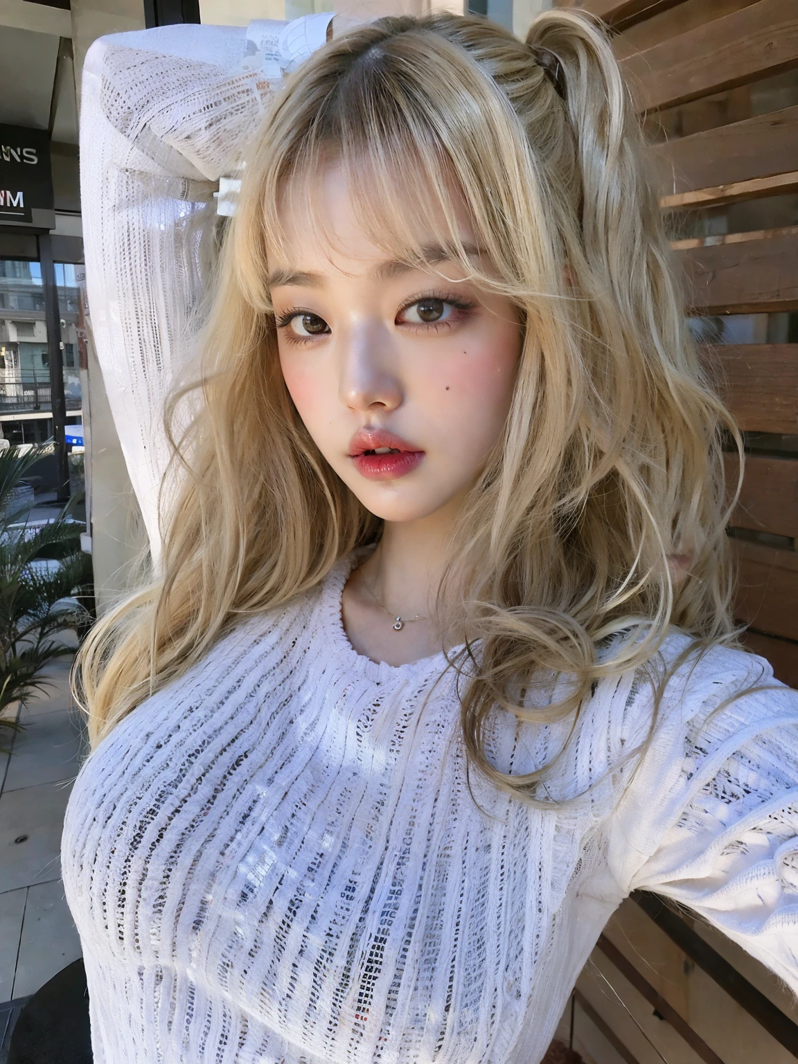 blond woman with long hair posing for a picture in front of a building, with bangs, curly bangs, white bangs, with full bangs, neat hair with bangs, bangs and wavy hair, fluffy bangs, with a fringe, curly bangs and ponytail, long hair with bangs, full bangs, long white hair and bangs, short blonde hair with bangs, curtain bangs, jennie blackpink.