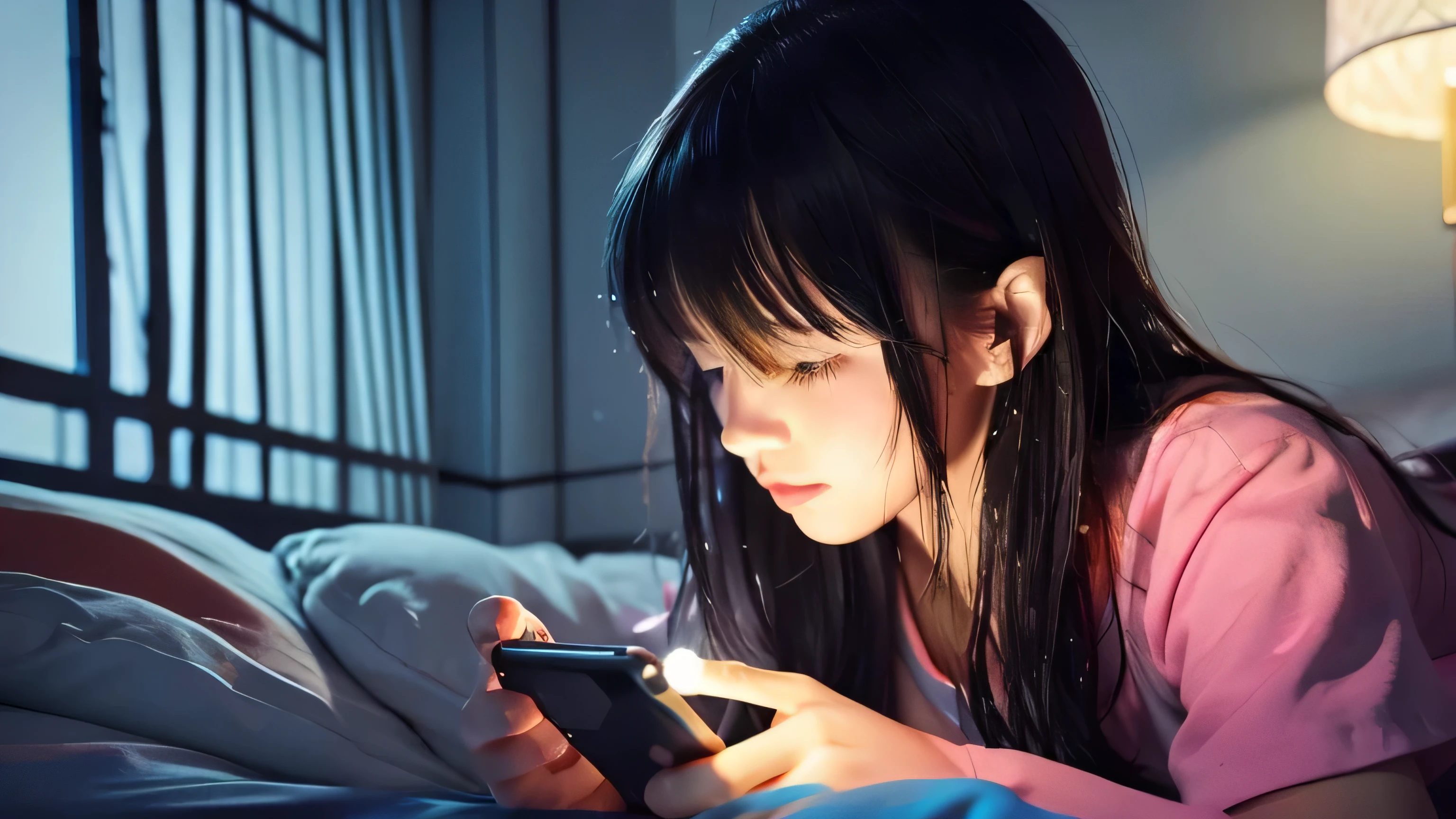 Beautiful girl playing with smartphone on bed late at night The light from your smartphone reflects on your face Wearing the earphones anime style illustration the room is dark Stuffed chicken next to the bed profile Fold the futon Hair is a little wet An ennui look nostalgia