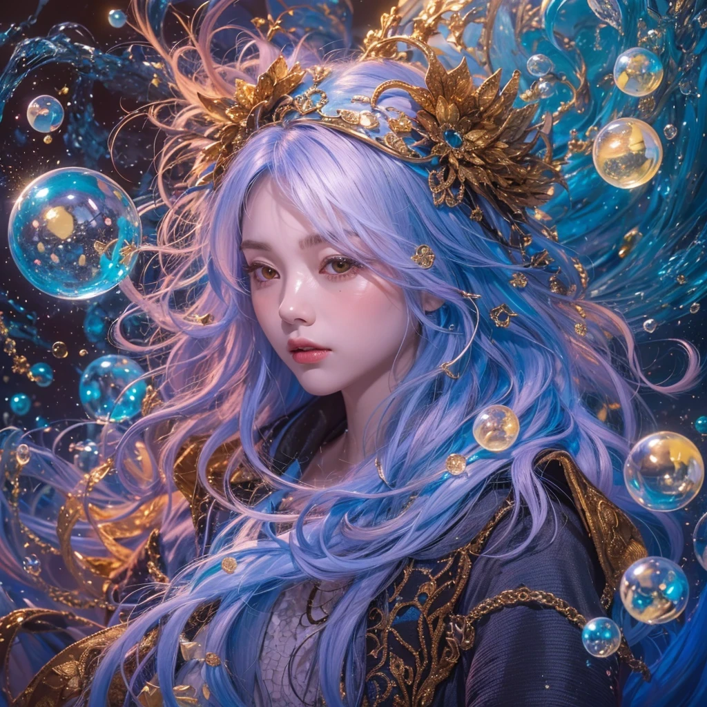 cobalt blue blue color,enamel,红agates,A flesh-colored world,Blood Blue Maiden 32k(masterpiece,HD,Aoyama Pond,Ultra high quality,32k)Elegant and bright red and blue long hair,blood pool,Ziddink, a color,Grumpy (After greeting), (Linen scarf), fighting stance, looking at the ground, long white hair, Floating bright blue, Fire cloud gold headdress, Chinese long-sleeved gold silk burgundy garment, (Abstract metaverse splash:1.2), White background,Peony flower vitality protector(realistically:1.4),bright purple hair,Smoke on the road,The background is very pure, high resolution, detail, RAW photos, Sharp Re, Nikon D850 film photo by Jefferies Lee 4 Kodak Portra 400 camera F1.6 guns, colorful, Ultra-realistic and vivid textures, dramatic lighting, Unreal Engine Art Station Trend, Sinest 800,A girl with long flowing bright blue hair,huge colorful bubbles