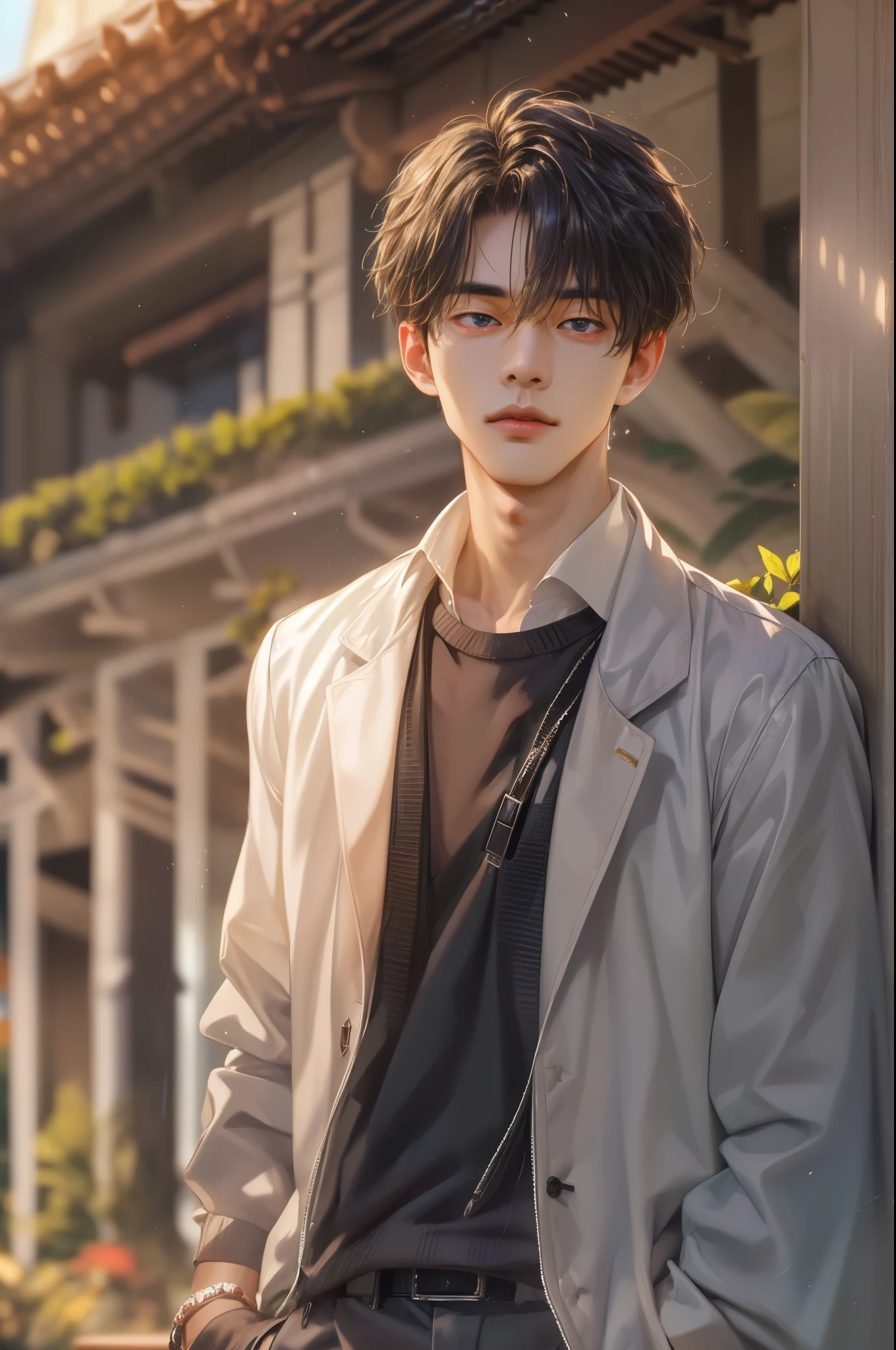 (absurdres, highres, ultra detailed, HDR), masterpiece, best quality, Netflix series Singles Inferno character, handsome young boy, short hair, korean handsome face, anime eyes, detailed scenery of a private resort, detailed character