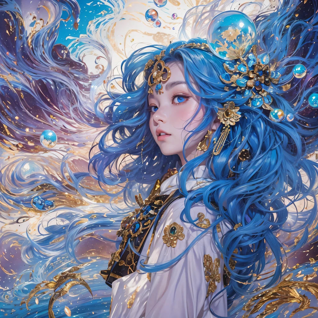 cobalt blue blue color，enamel，红agates，A flesh-colored world，Blood Blue Maiden 32k（masterpiece，HD，Aoyama Pond，Ultra high quality，32k）Elegant and bright red and blue long hair，blood pool，Ziddink， a color，Grumpy （After greeting）， （Linen scarf）， fighting stance， looking at the ground， long white hair， Floating bright blue， Fire cloud gold headdress， Chinese long-sleeved gold silk burgundy garment， （Abstract metaverse splash：1.2）， White background，Peony flower vitality protector（realistically：1.4），bright purple hair，Smoke on the road，The background is very pure， high resolution， detail， RAW photos， Sharp Re， Nikon D850 film photo by Jefferies Lee 4 Kodak Portra 400 camera F1.6 guns, colorful, Ultra-realistic and vivid textures, dramatic lighting, Unreal Engine Art Station Trend, Sinest 800，A girl with long flowing bright blue hair，huge colorful bubbles