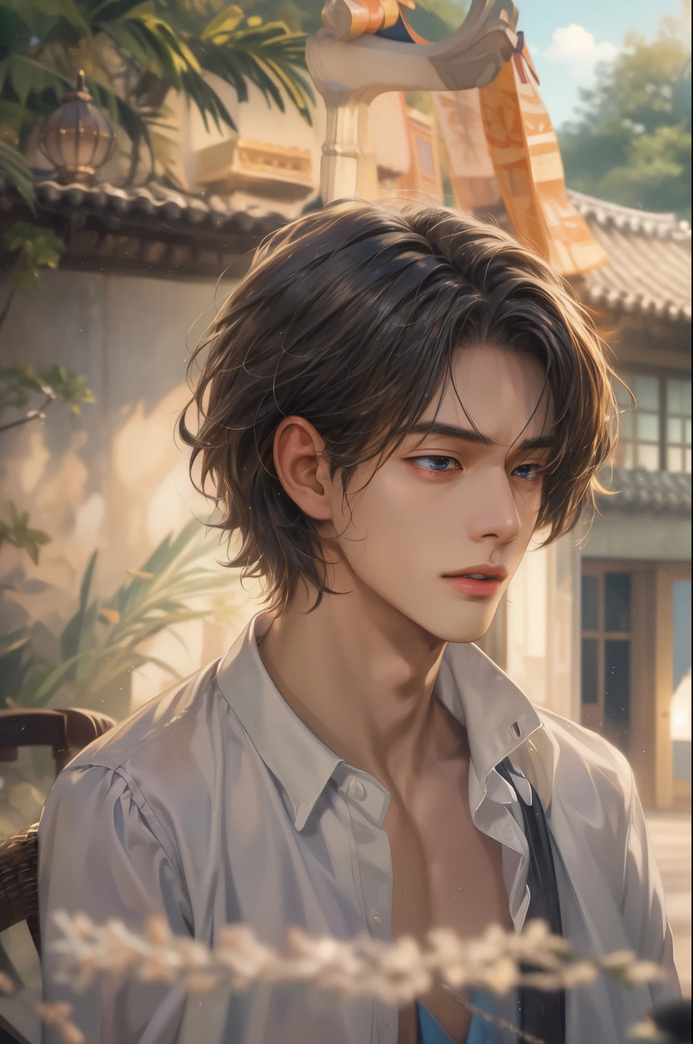 (absurdres, highres, ultra detailed, HDR), masterpiece, best quality, Netflix series Singles Inferno character, handsome young boy, short hair, korean handsome face, anime eyes, detailed scenery of a private resort, detailed character