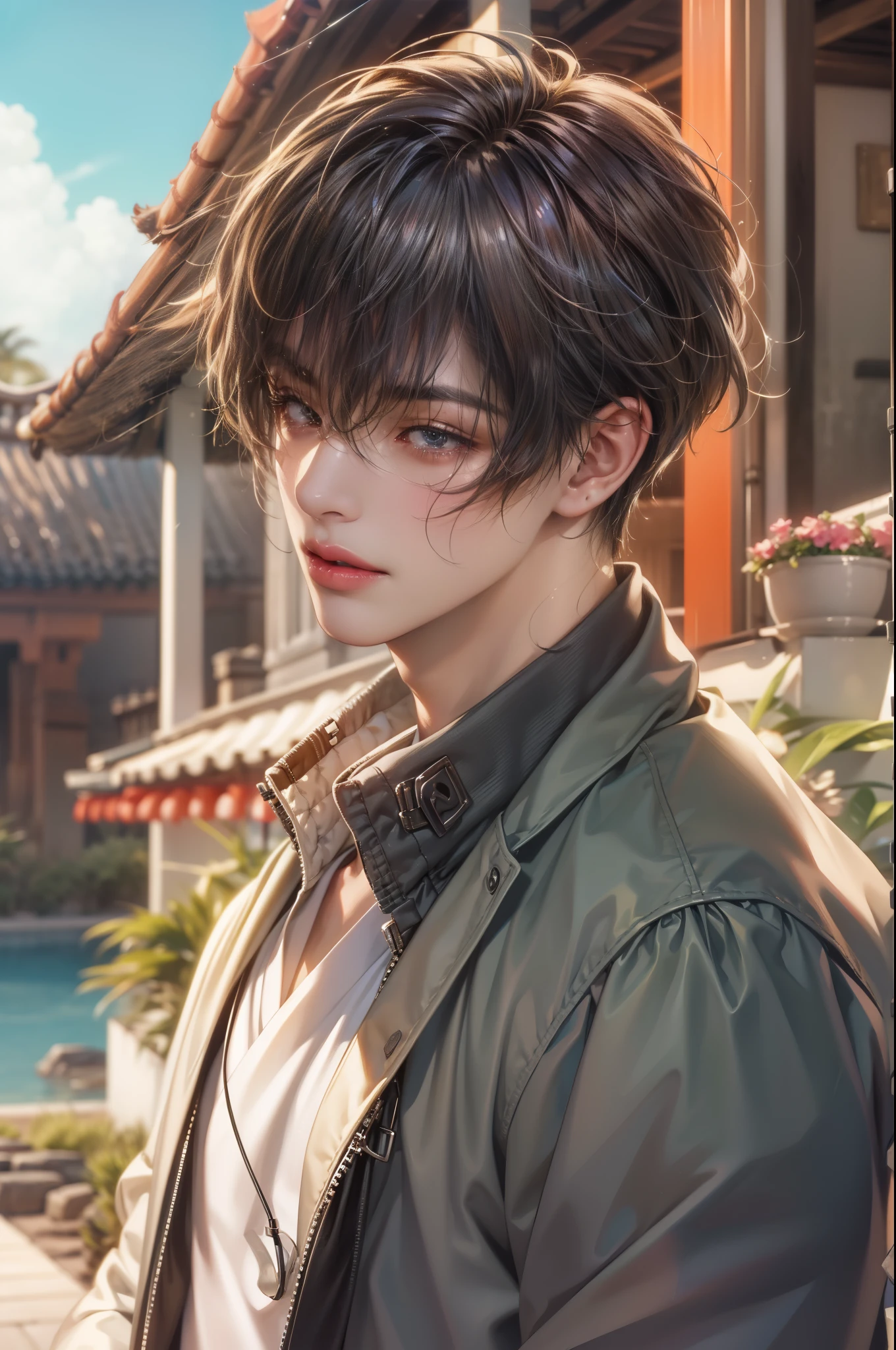 (absurdres, highres, ultra detailed, HDR), masterpiece, best quality, Netflix series Singles Inferno character, handsome young boy, short hair, korean handsome face, anime eyes, detailed scenery of a private resort, detailed character