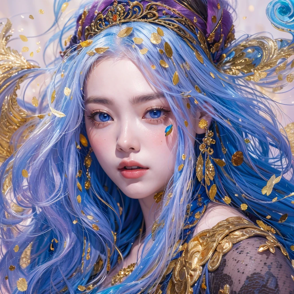 cobalt blue blue color，enamel，红agates，A flesh-colored world，Blood Blue Maiden 32k（masterpiece，HD，Aoyama Pond，Ultra high quality，32k）Elegant and bright red and blue long hair，blood pool，Ziddink， a color，Grumpy （After greeting）， （Linen scarf）， fighting stance， looking at the ground， long white hair， Floating bright blue， Fire cloud gold headdress， Chinese long-sleeved gold silk burgundy garment， （Abstract metaverse splash：1.2）， White background，Peony flower vitality protector（realistically：1.4），bright purple hair，Smoke on the road，The background is very pure， high resolution， detail， RAW photos， Sharp Re， Nikon D850 film photo by Jefferies Lee 4 Kodak Portra 400 camera F1.6 guns, colorful, Ultra-realistic and vivid textures, dramatic lighting, Unreal Engine Art Station Trend, Sinest 800，A girl with long flowing bright blue hair，huge colorful bubbles