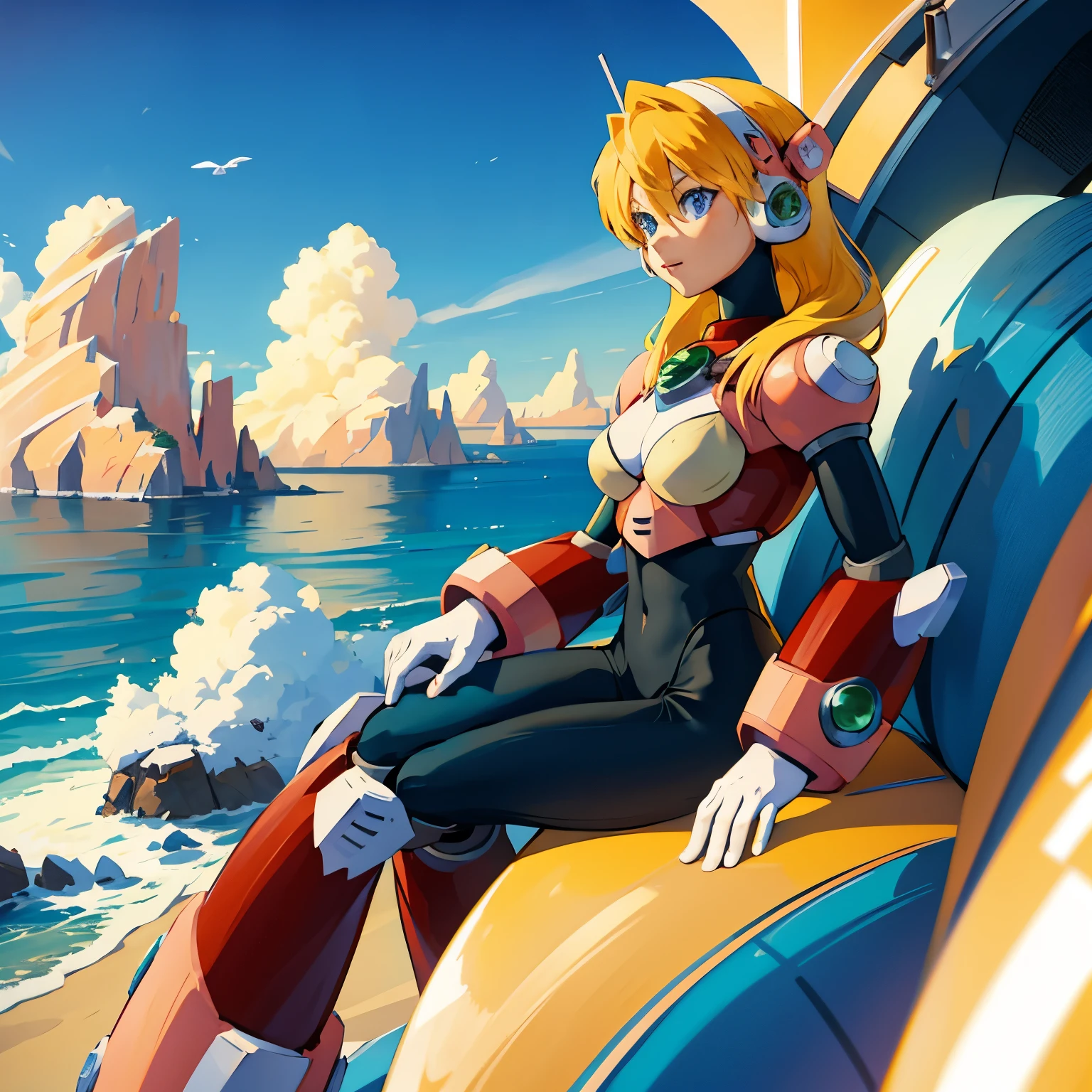 alia_megamanx, 1girl, solo, breasts, blue eyes, blonde hair, android, long hair, robot ears, overlooking the ocean on the edge of a rock, in the style of avian-themed, realistic yet stylized, villagecore, azure, orange and azure, dragoncore, aerial view