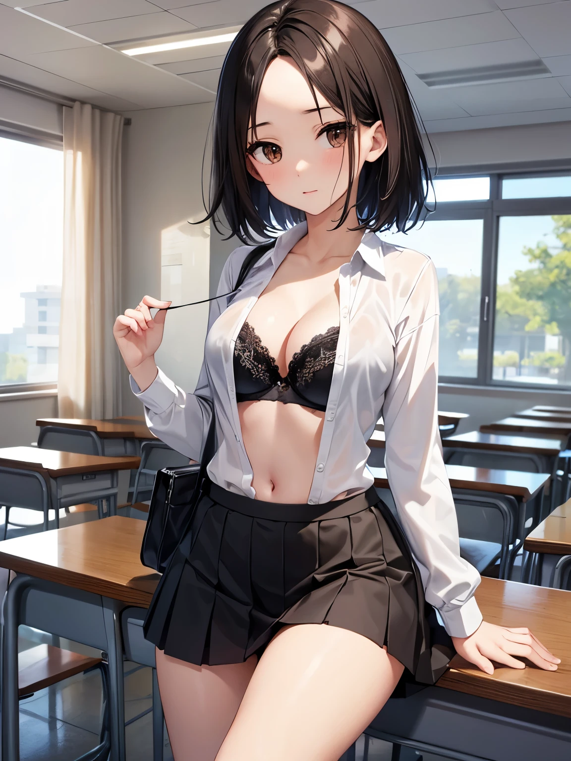 best quality、brown eyes、Slender、tall、8k、girl,、School、 highres,black hair、short hair、Forehead exposed、classroom、black bra、black skirt