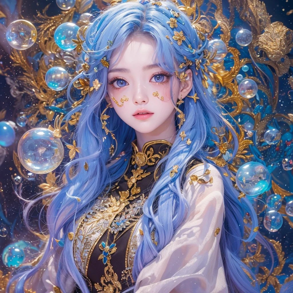 cobalt blue blue color,enamel,红agates,A flesh-colored world,Blood Blue Maiden 32k(masterpiece,HD,Aoyama Pond,Ultra high quality,32k)Elegant and bright red and blue long hair,blood pool,Ziddink, a color,Grumpy (After greeting), (Linen scarf), fighting stance, looking at the ground, long white hair, Floating bright blue, Fire cloud gold headdress, Chinese long-sleeved gold silk burgundy garment, (Abstract metaverse splash:1.2), White background,Peony flower vitality protector(realistically:1.4),bright purple hair,Smoke on the road,The background is very pure, high resolution, detail, RAW photos, Sharp Re, Nikon D850 film photo by Jefferies Lee 4 Kodak Portra 400 camera F1.6 guns, colorful, Ultra-realistic and vivid textures, dramatic lighting, Unreal Engine Art Station Trend, Sinest 800,A girl with long flowing bright blue hair,huge colorful bubbles