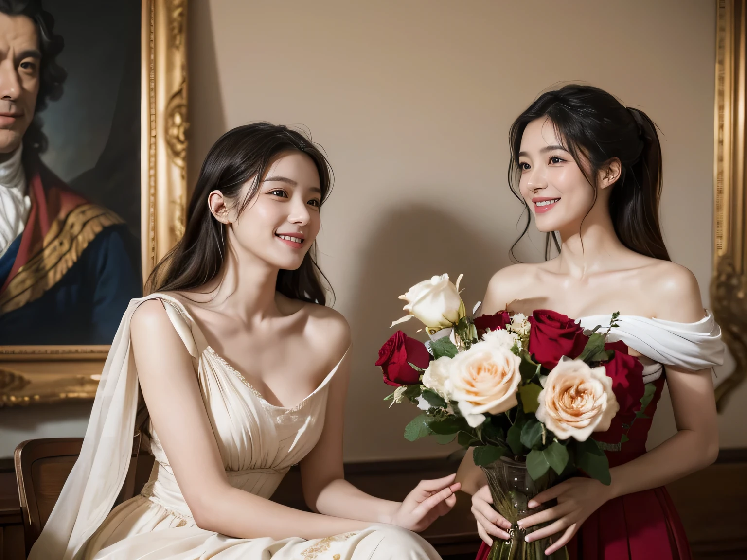 Jacques-Louis David painting style,Arguments of two female Philosophe,ath、astronomical machine、astronaut、roses in vase、fruits、Cute trinkets、smile、ancient greek costume、Clothes that stretch your shoulders、A big smile、beautiful bare skin、A detailed representation of the seducing woman throughout her body.