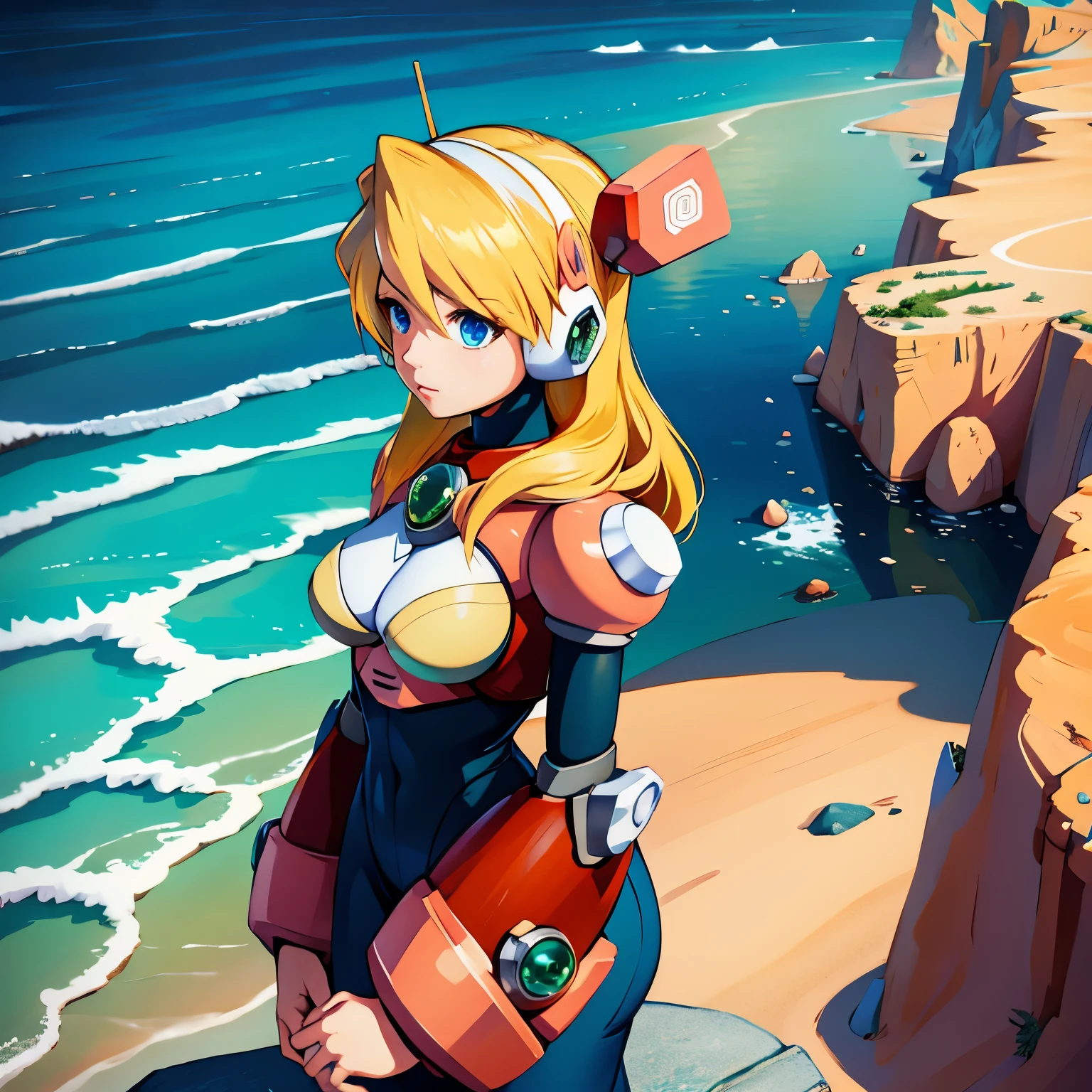 alia_megamanx, 1girl, solo, breasts, blue eyes, blonde hair, android, long hair, robot ears, overlooking the ocean on the edge of a rock, in the style of avian-themed, realistic yet stylized, villagecore, azure, orange and azure, dragoncore, aerial view