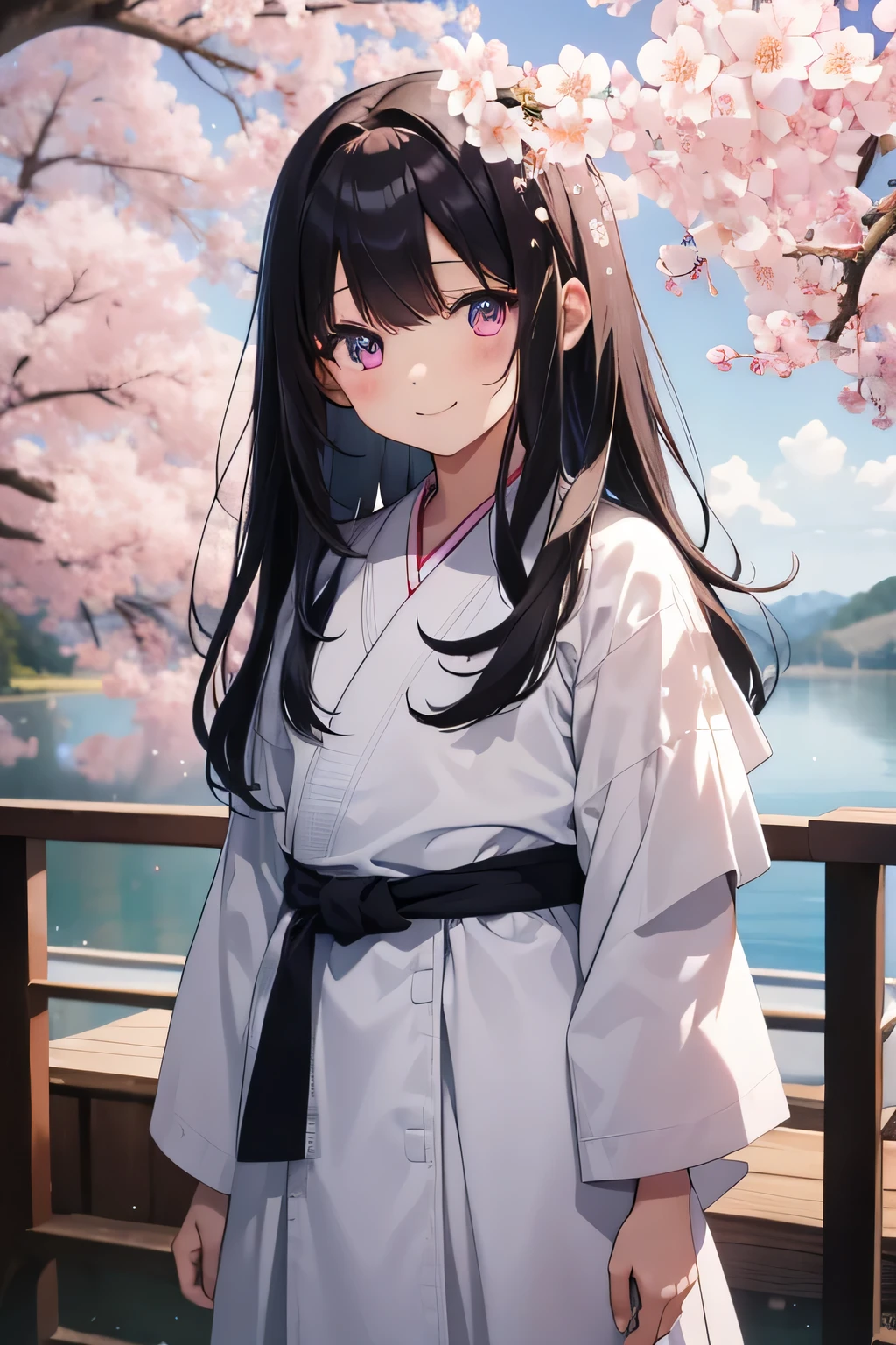 highest quality、best image quality、beautiful eyes、very delicate and beautiful、beautiful eyes、pink eyes、I、I、11 year old girl、Japanese、、Chiquita、Noble、primary school student、black hair、barefoot、(((judo)))、tiara on head、dull smile、standing and facing forward、The background is a row of cherry blossom trees