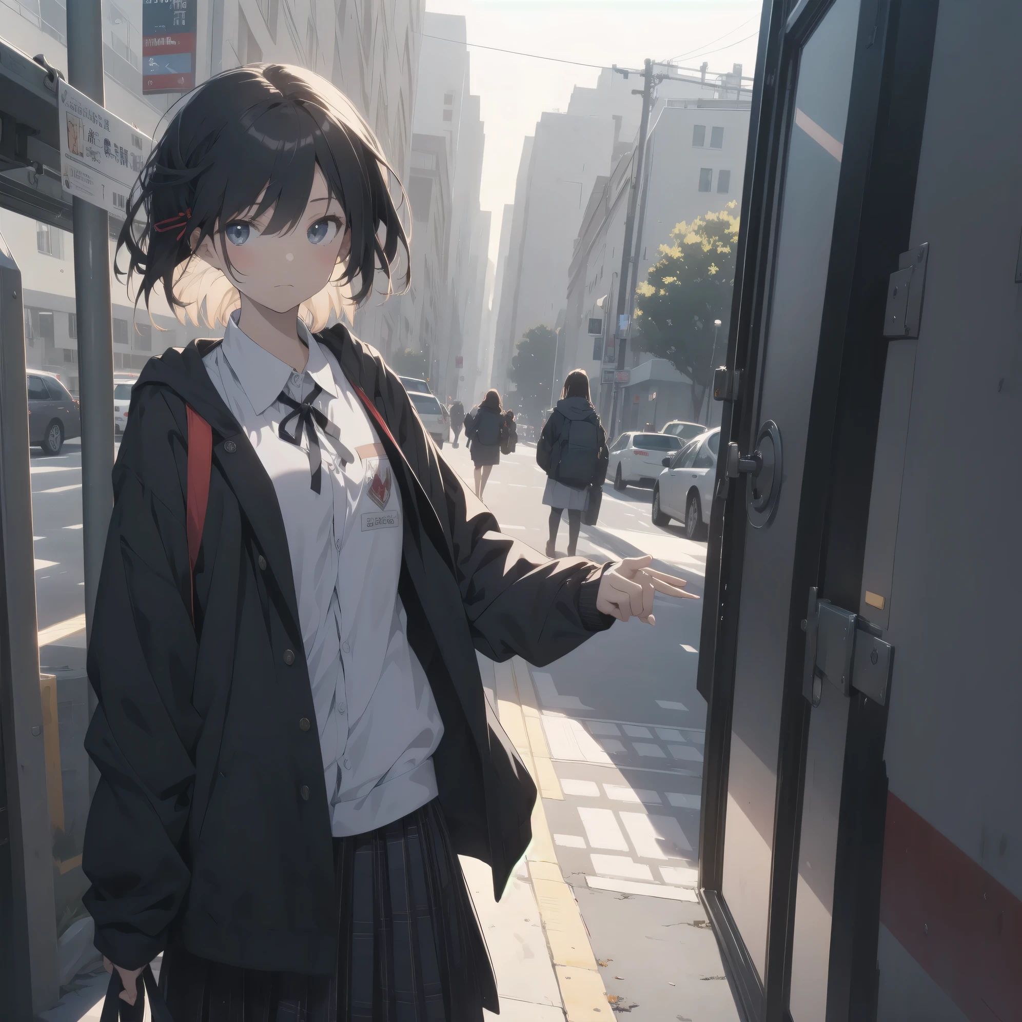Super absurd quality by the god of art, super detailed, High resolution, anime moe art style, Best Anime 8K Kona-chan Wallpaper, pixiv contest winner, perfect anatomy, break,(眠そうにalone学校へ行く女の子を描いてください. )break,1 girl, (alone,little woman, baby face, 13 years old:1.3),All limbs, full finger,, The charm of an immature body, (very short hair), bangs, flat chest, Small Bodysuits, small ass, between legs, small black eyes, detailed and beautiful eyes, Well-proportioned iris and pupils, expressive eyes, sleepy eyes, High resolutionの詳細な髪, ribbon, neck ribbon, skirt, collared shirt, pleated skirt, school uniform, school bag,(detailed lighting), (detailed background), On the way to school. break,super dense skin, The best everyday lighting by famous artists, 8k,cute illustration,photoshop_(Moderate),Absurd Hi-Res,Hmm,rough skin