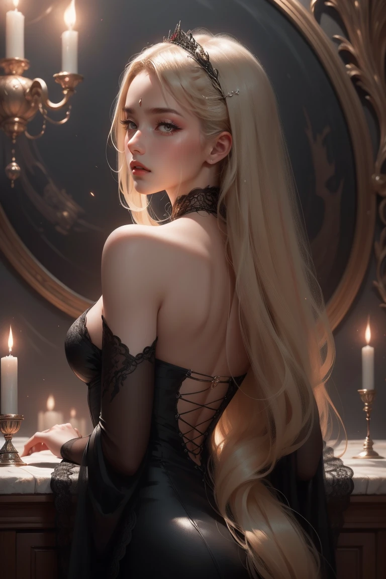 { - erro de anatomia}(Masterpiece - Ultra-Detailed, High Resolution) Prepare to be enchanted by a true masterpiece that combines ultra-detailed art with high-resolution rendering. This work shows a mesmerizing girl with long blonde hair (1.3) and captivating gray eyes (1.2), emanating an aura of elegance and mystery. The intricate details and realistic textures invite you to explore every aspect of this enchanting composition. Girl wearing classic Victorian costumes, black dress. Red lips (red lipstick) . backward, looking back, dynamic poses. Get ready to dive into a world where beauty and craftsmanship merge perfectly.