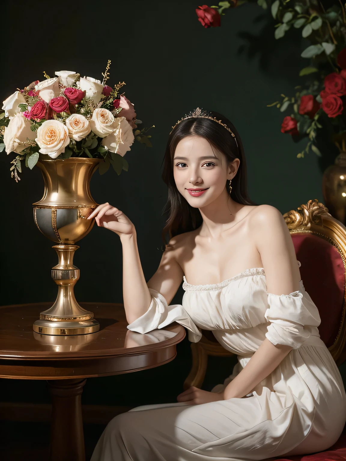 Jacques-Louis David painting style,Arguments of two female Philosophe,math、astronomical machine、astronaut、roses in vase、fruits、Cute trinkets、smile、ancient greek costume、Background is a forest lake at night 、Clothes that stretch your shoulders、A big smile、beautiful bare skin、A detailed representation of the seducing woman throughout her body.