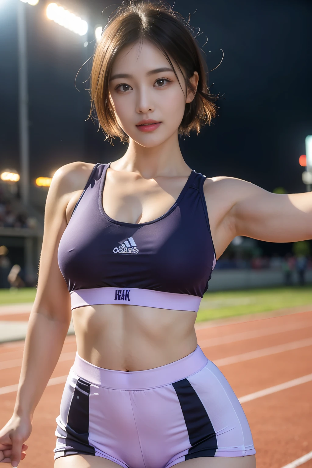 (highest image quality:1.35), high quality, Realistic photos, (一位beautiful woman:1.33), beautiful expression, (delicate eyes:1.3), (beautiful eyes:1.3), (a delicate face:1.3), Smile, (hair shiny:1.2), (blackhead hair:1.3), (muscular body:1.2), Ultra-detailed, high resolution, Sports physique, (big breasts:1.25), (short hair:1.2), (beautiful woman), (cute navel:1.2), (Depth of field f/1.2:1.45), sharp focus, original photo, (sprinter's light purple bloomers:1.45), (适合短跑运动员的Lilac sports bra:1.4), (Light purple sports bloomers:1.4), (Lilac sports bra:1.4), (open arms:1.4), (thick thighs:1.6), (Beautiful thighs:1.7), (Turn your face forward:1.25), (cowboy shooting:1.5), (Track and field at night:1.4), (dark sky:1.5),