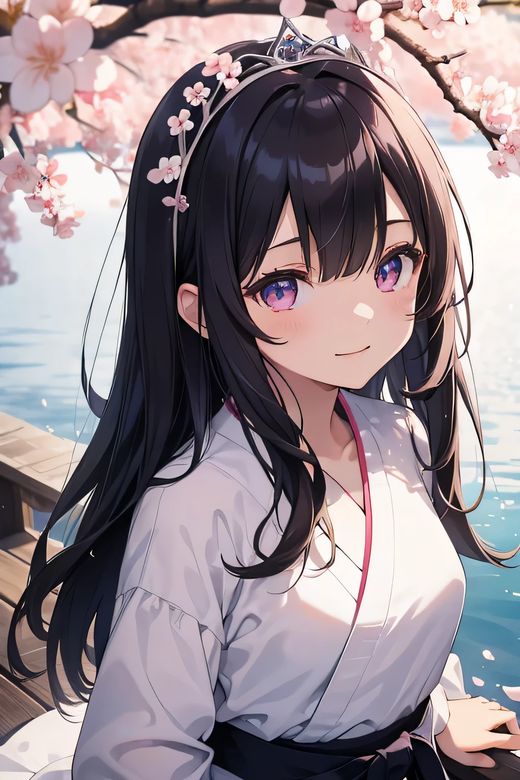highest quality、best image quality、beautiful eyes、very delicate and beautiful、beautiful eyes、pink eyes、I、I、 girl、Japanese、、Chiquita、Noble、primary sch、barefoot、(((judo)))、tiara on head、dull smile、standing and facing forward、The background is a row of cherry blossom trees