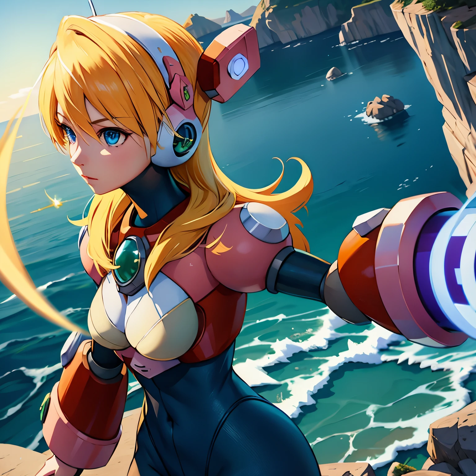 alia_megamanx, 1girl, solo, breasts, blue eyes, blonde hair, android, long hair, robot ears, overlooking the ocean on the edge of a rock, in the style of avian-themed, realistic yet stylized, villagecore, azure, orange and azure, dragoncore, aerial view