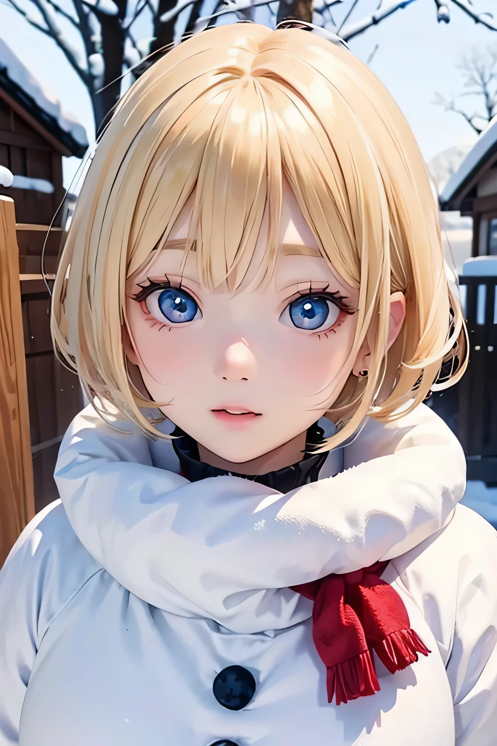 close up of face、blonde、short hair、girl１、winter、make a snowman