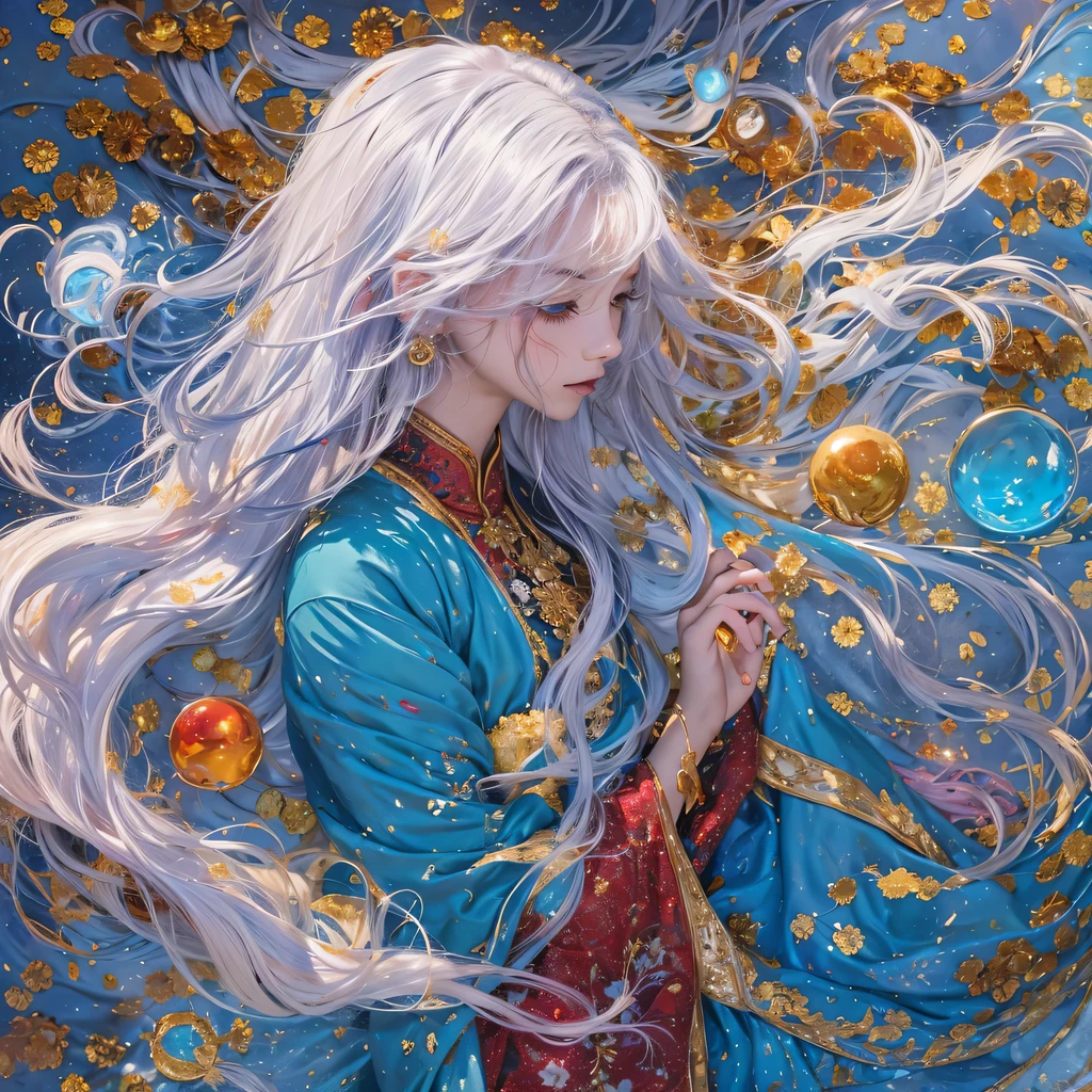 cobalt blue blue color,enamel,红agates,A flesh-colored world,Blood Blue Maiden 32k(masterpiece,HD,Aoyama Pond,Ultra high quality,32k)Elegant and bright red and blue long hair,blood pool,Ziddink, a color,Grumpy (After greeting), (Linen scarf), fighting stance, looking at the ground, long white hair, Floating bright blue, Fire cloud gold headdress, Chinese long-sleeved gold silk burgundy garment, (Abstract metaverse splash:1.2), White background,Peony flower vitality protector(realistically:1.4),bright purple hair,Smoke on the road,The background is very pure, high resolution, detail, RAW photos, Sharp Re, Nikon D850 film photo by Jefferies Lee 4 Kodak Portra 400 camera F1.6 guns, colorful, Ultra-realistic and vivid textures, dramatic lighting, Unreal Engine Art Station Trend, Sinest 800,A girl with long flowing bright blue hair,huge colorful bubbles