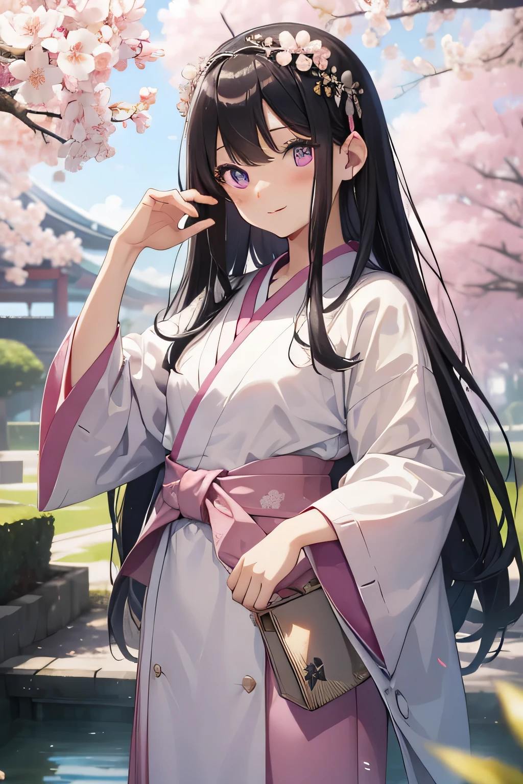 highest quality、best image quality、beautiful eyes、very delicate and beautiful、beautiful eyes、pink eyes、I、I、11 year old girl、Japanese、、Chiquita、Noble、primary school student、black hair、barefoot、(((judo)))、tiara on head、dull smile、standing and facing forward、The background is a row of cherry blossom trees