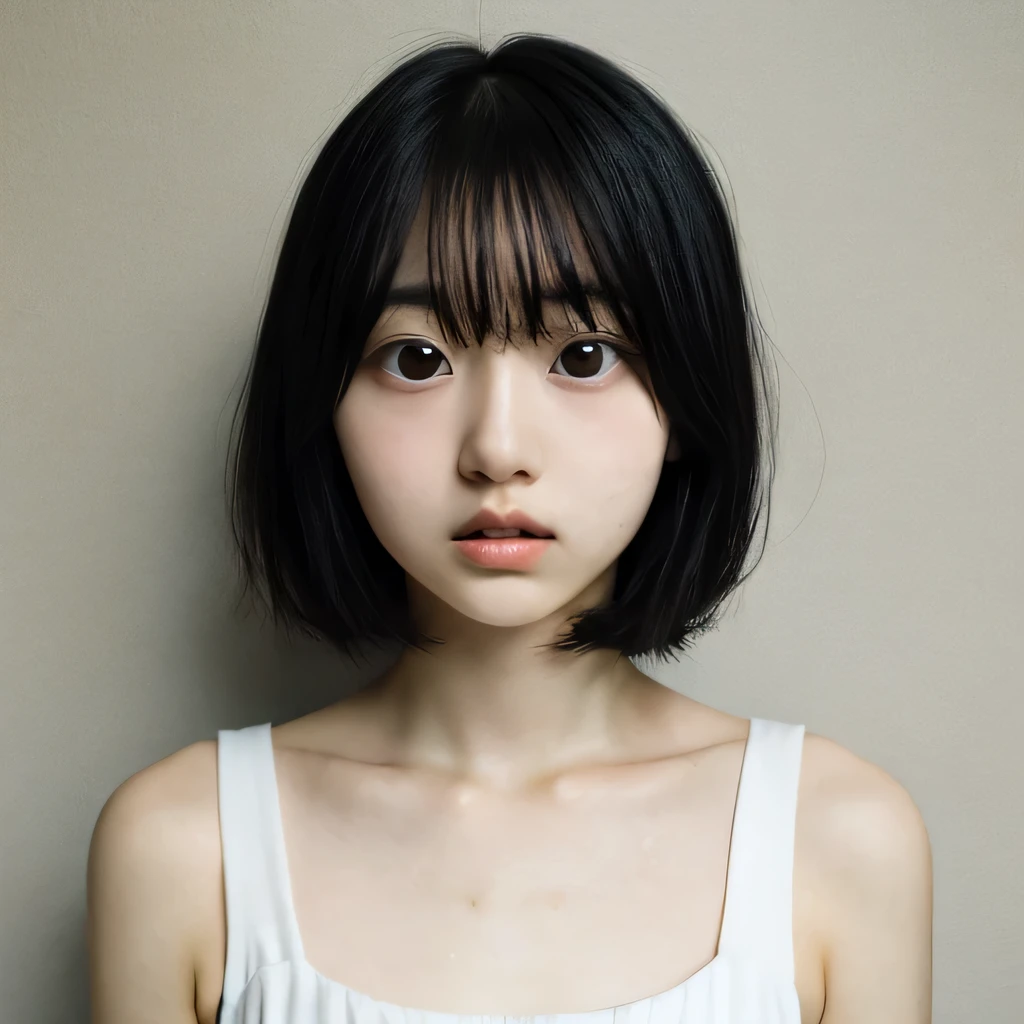 1 Japanese female, one-shot, Big eyes, big black eyes, double, shortcut, Emphasis on the clavicle, black hair, no makeup, young white skin, broad shoulders,