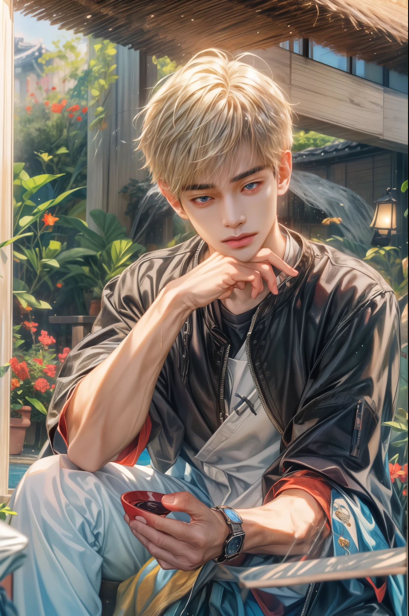 (absurdres, highres, ultra detailed, HDR), masterpiece, best quality, Netflix series Singles Inferno character, handsome young boy, short hair, korean handsome face, anime eyes, detailed scenery of a private resort, detailed character