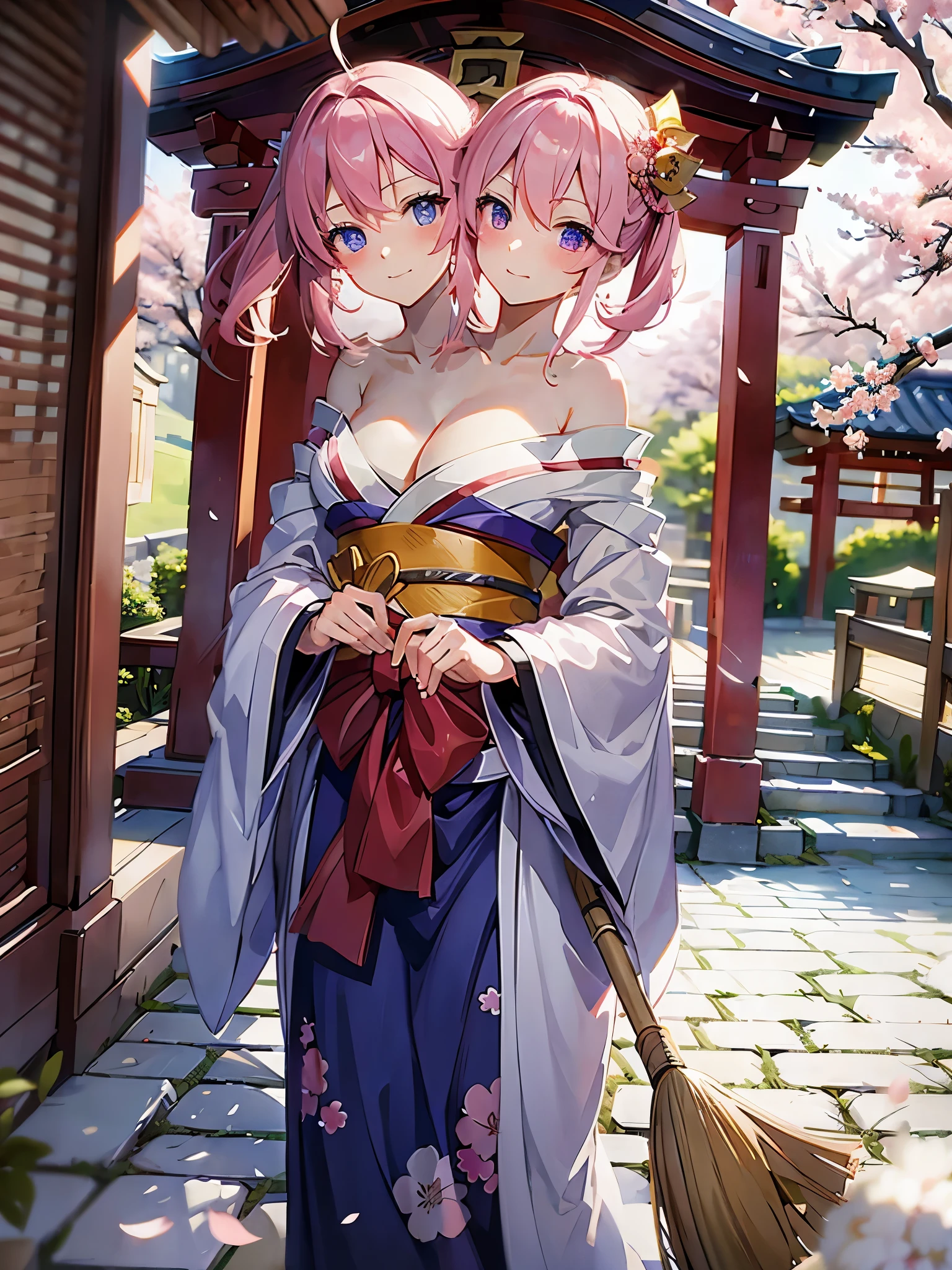(masterpiece, best quality), best resolution, (2heads:1.5), 1girl, shrine maiden, pink hair, blue eyes, busy, holding a broom, shrine maiden robe, cherry blossoms, shinto shrine